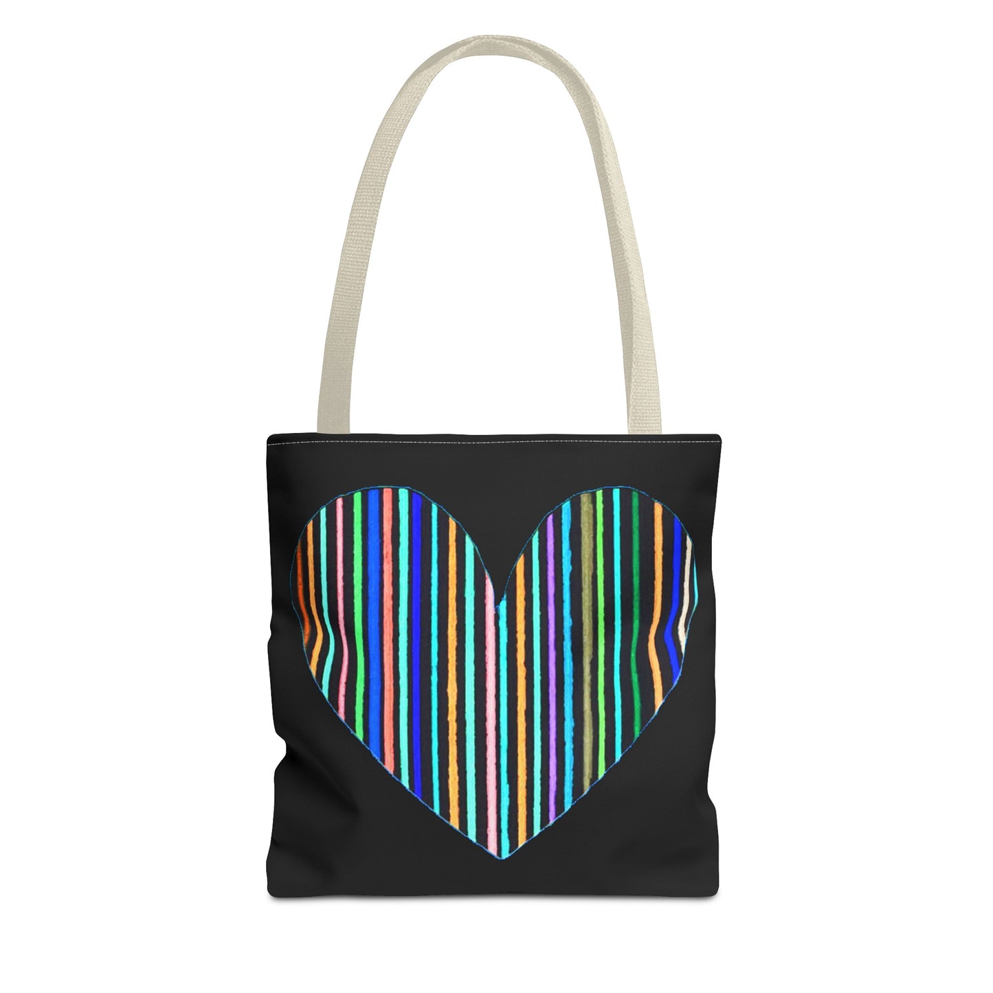 Rainbow Line Handdrawn Heart Drawing - INVERTED DIGITALLY - on a Black Tote Bag