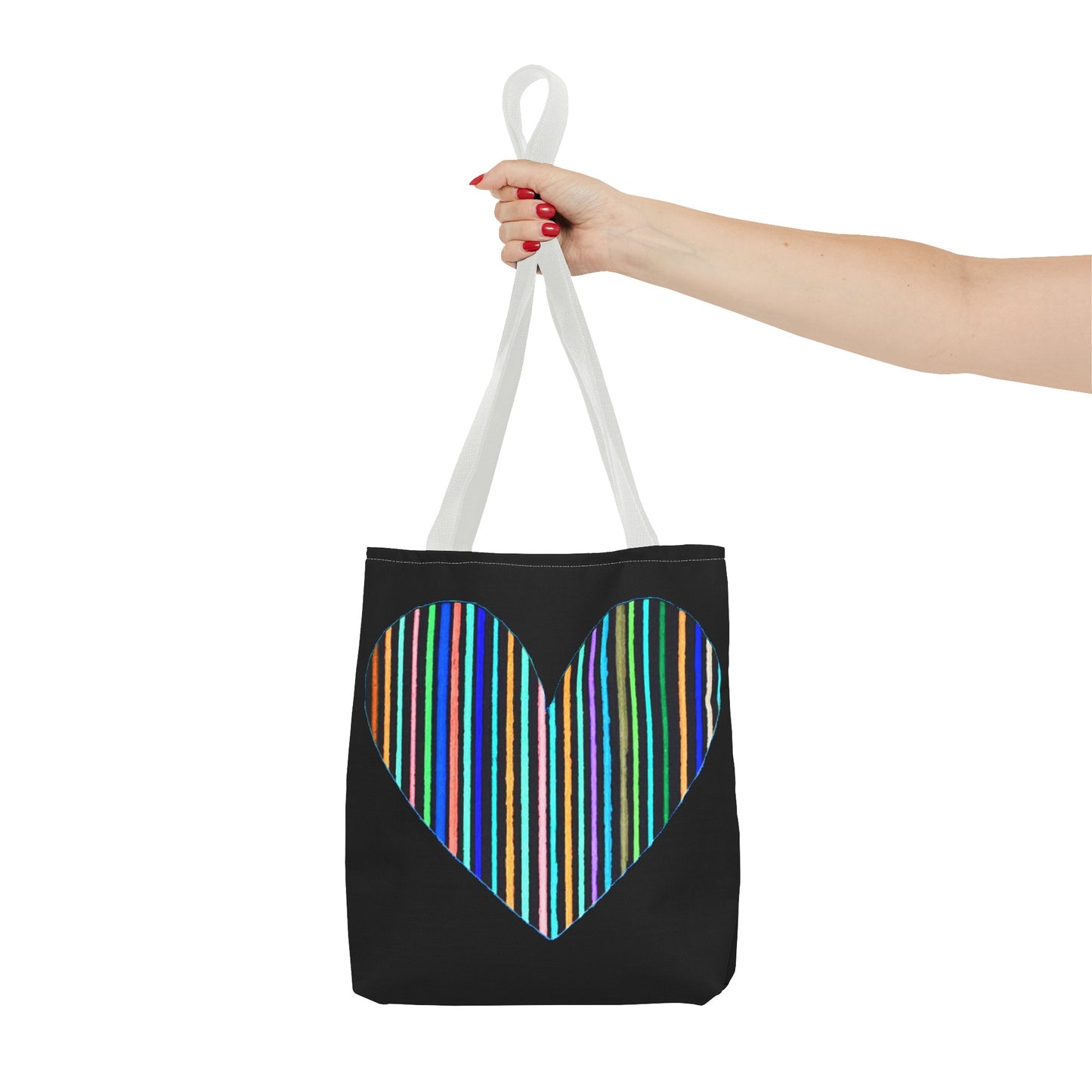 Rainbow Line Handdrawn Heart Drawing - INVERTED DIGITALLY - on a Black Tote Bag