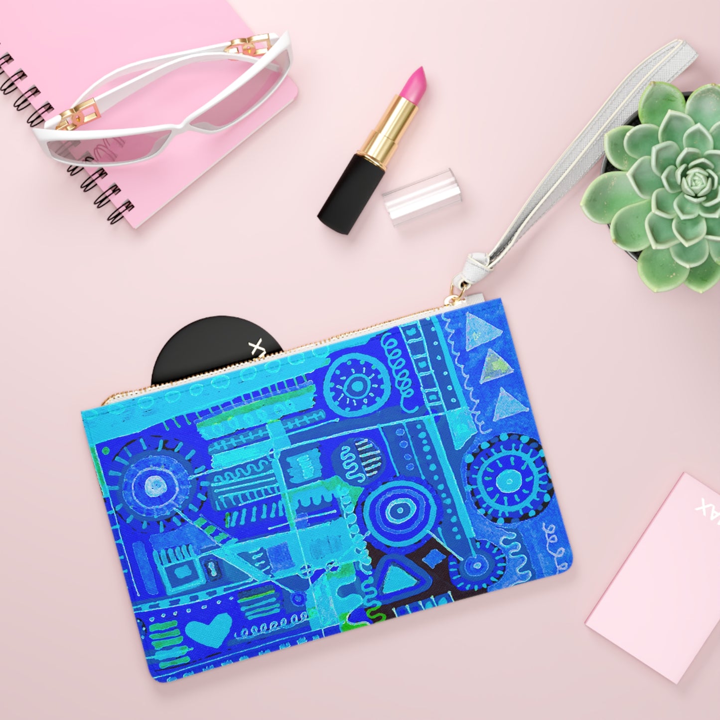 Clutch Bag Featuring Art Piece : Abstract Doodle ll - Version ll - Cooler Blue + Aqua Blue Hues - Alcohol Marker Drawing