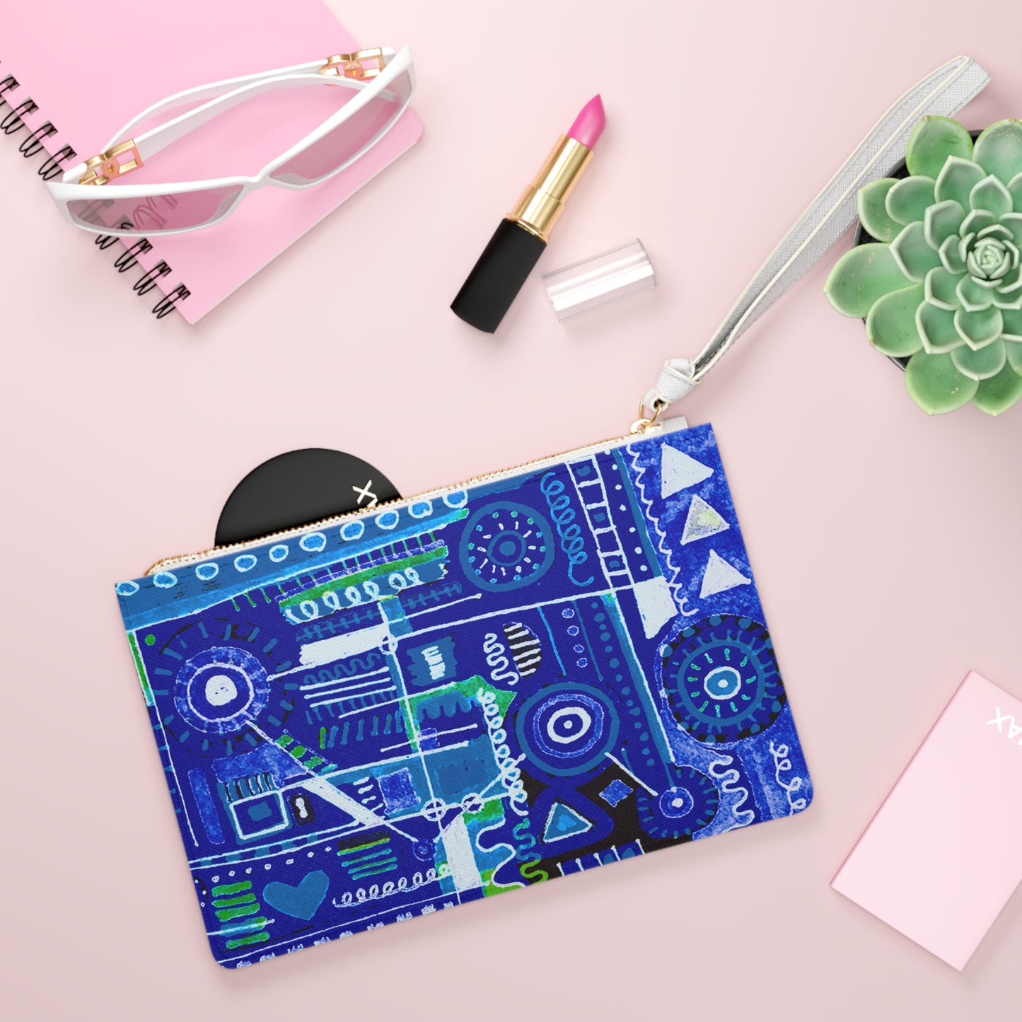 Clutch Bag Featuring Art Piece : Abstract Doodle ll - Version lX - Very Dark Blue Hues + Black Hues + White Hues - Art Medium is Alcohol Marker Drawing