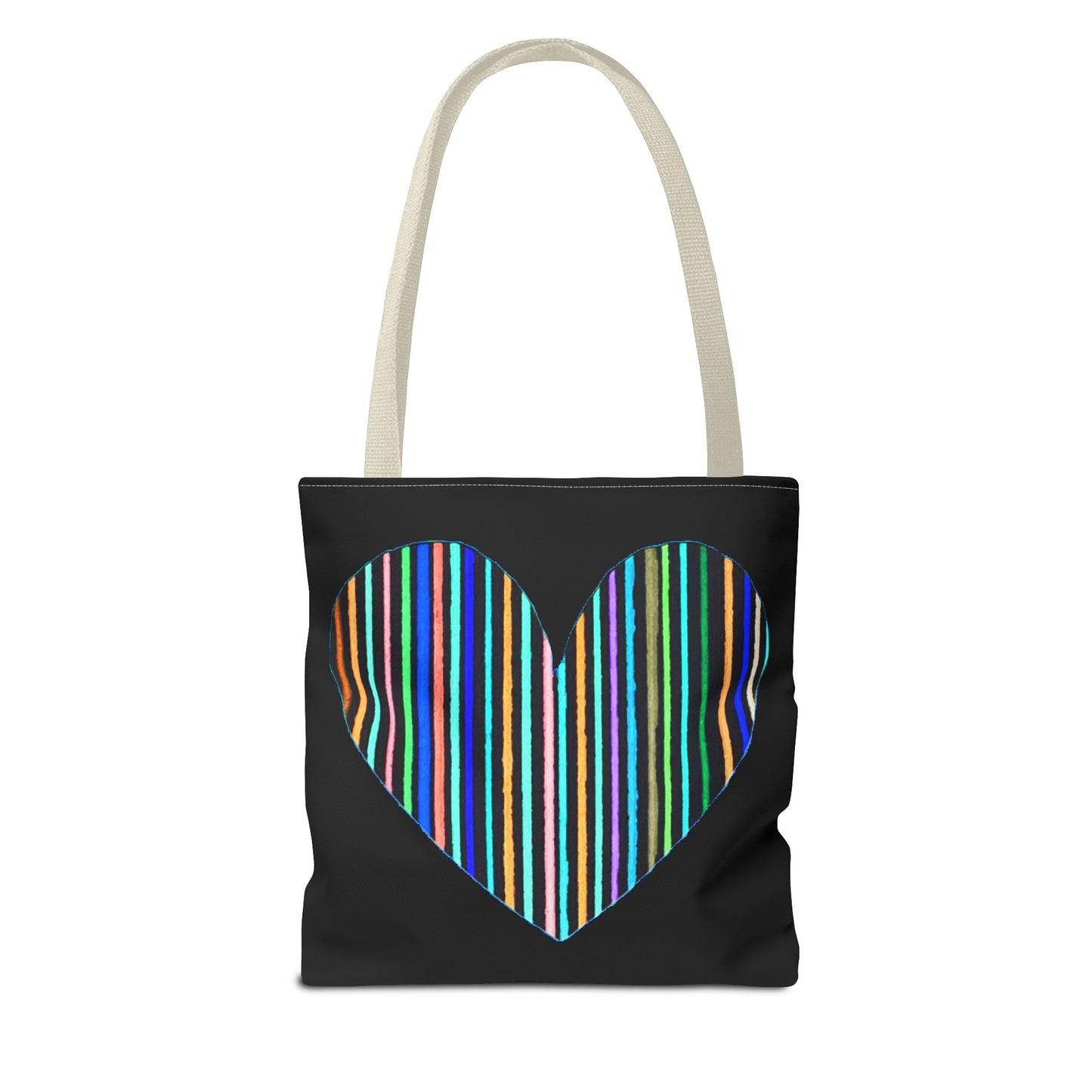 Rainbow Line Handdrawn Heart Drawing - INVERTED DIGITALLY - on a Black Tote Bag
