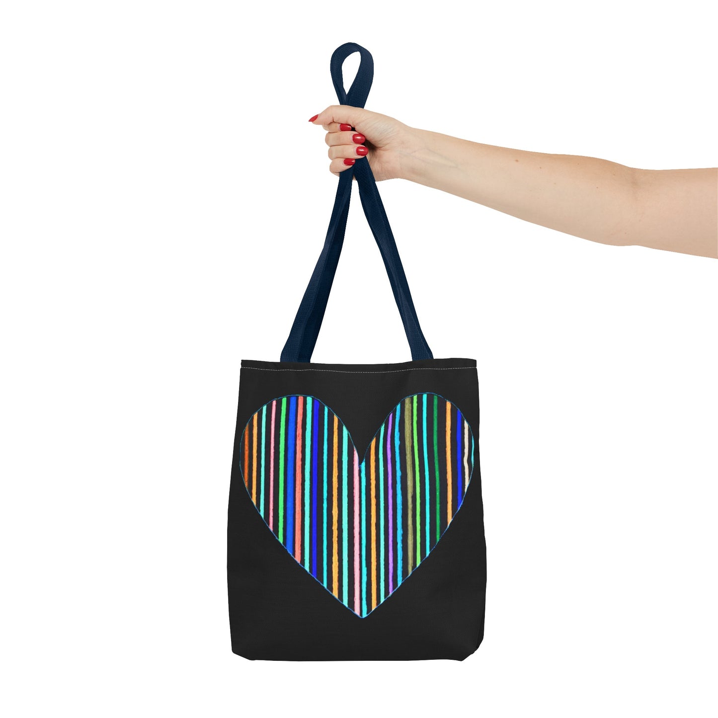 Rainbow Line Handdrawn Heart Drawing - INVERTED DIGITALLY - on a Black Tote Bag