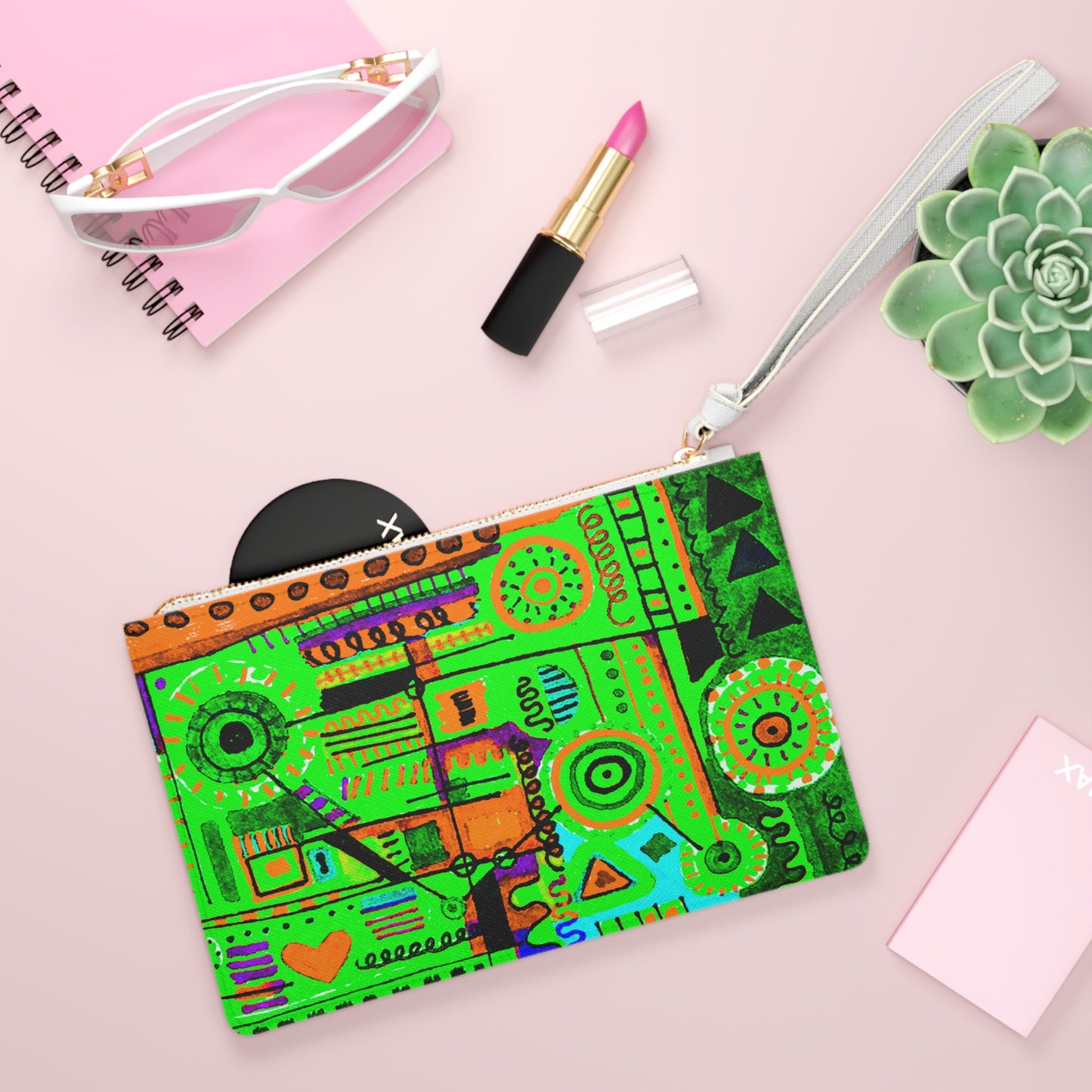 Clutch Bag Featuring Art Piece : Abstract Doodle ll - Version V - Myriad of Green Hues - Alcohol Marker Drawing