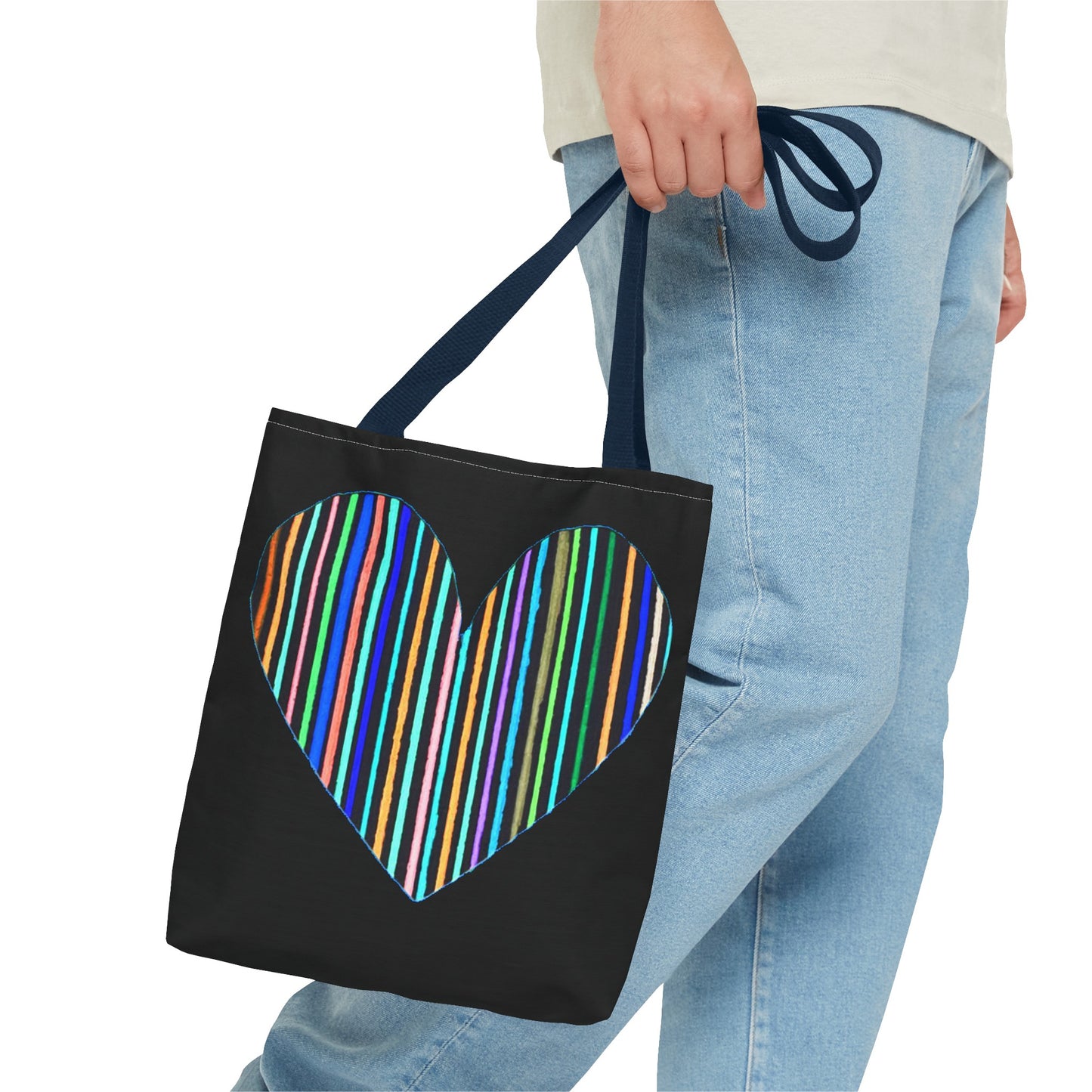 Rainbow Line Handdrawn Heart Drawing - INVERTED DIGITALLY - on a Black Tote Bag