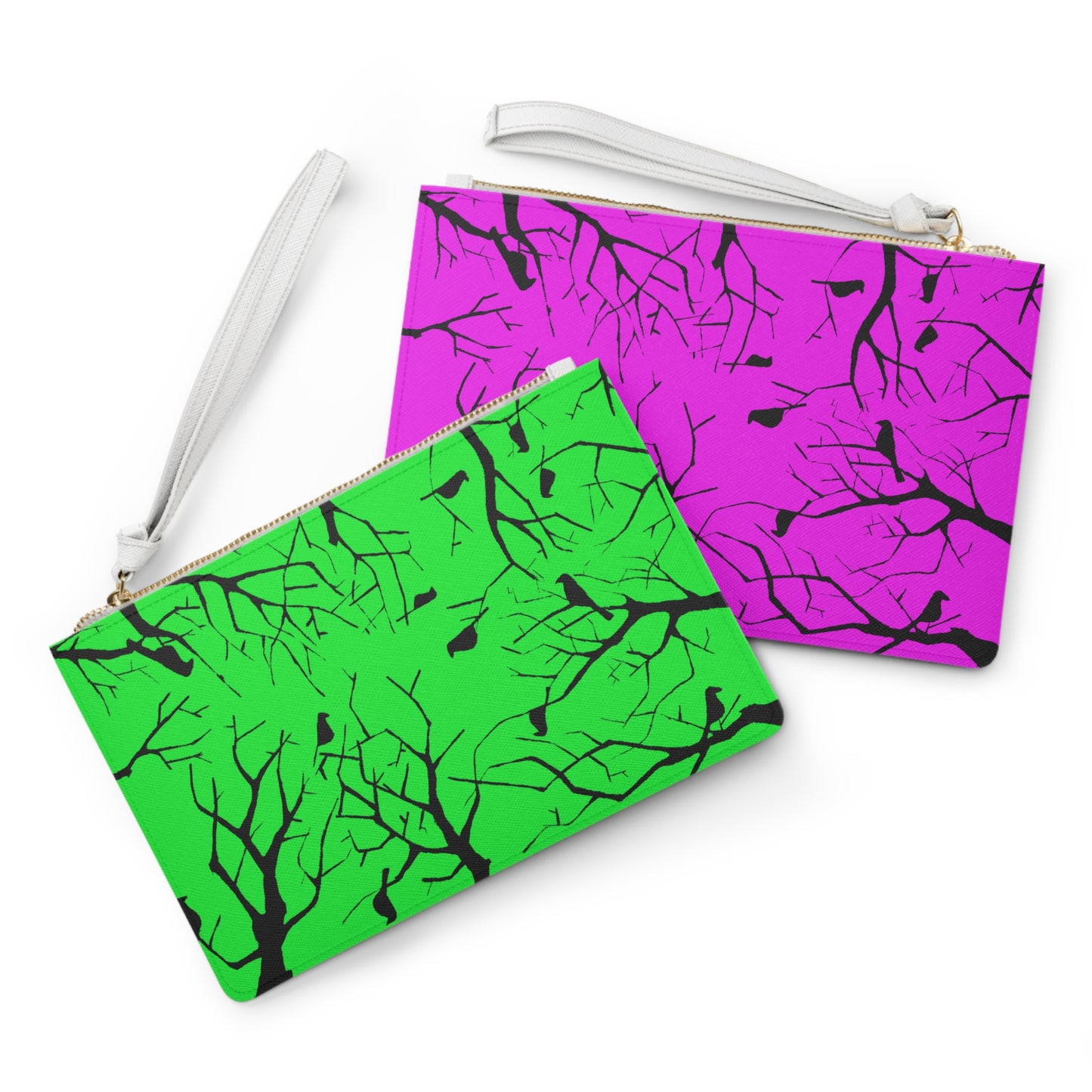 Birds in Trees Art on an Adorable Clutch Bag with a Green Background on The Front + Hot Pink Background on The Reverse Side
