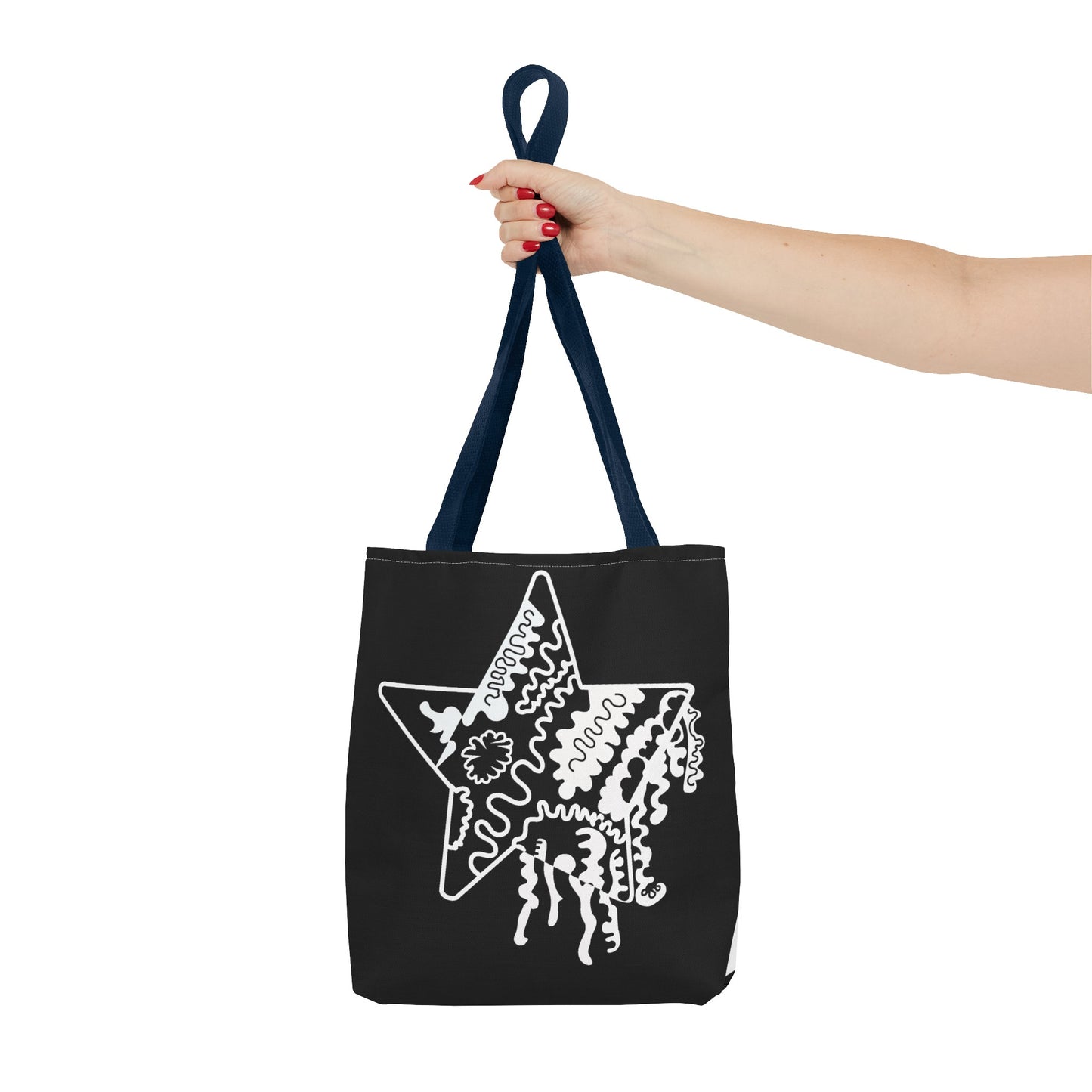Reversible - Star Makes Art Signature Logo in Black + White on a Tote Bag - Front is White Logo on a Black Background + Back Side is a Black Logo on a White Background