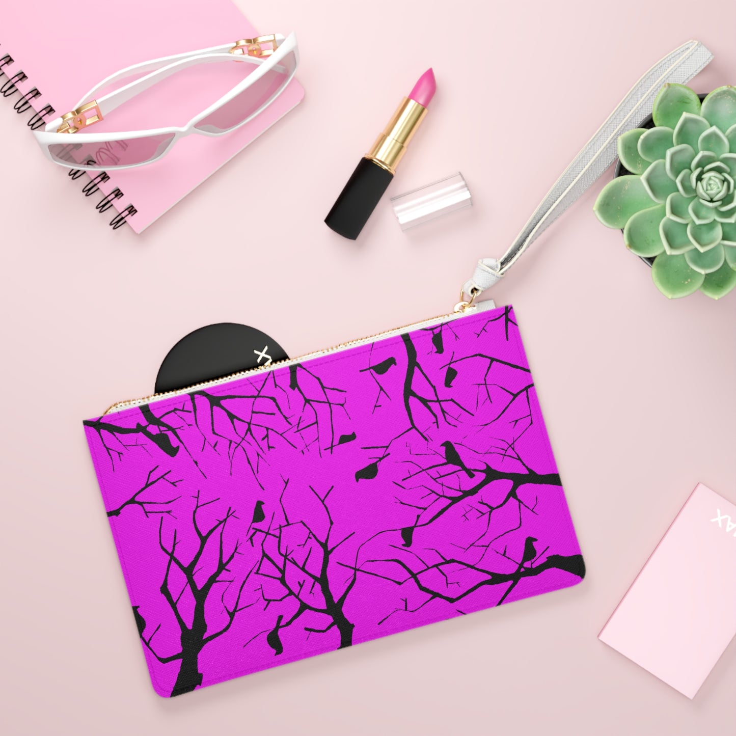 Birds in Trees Art Piece With A Hot Pink Background on The Perfect Clutch Bag