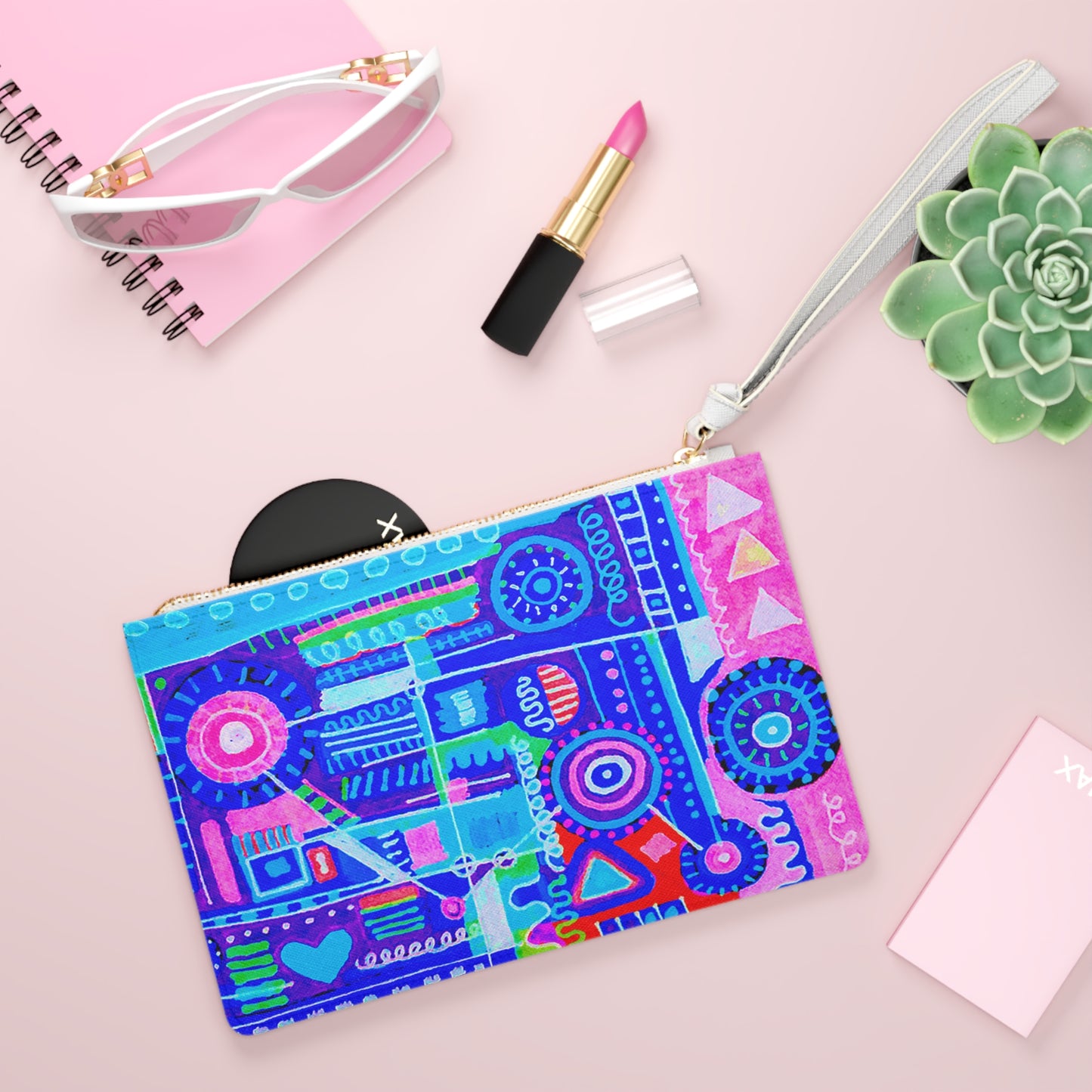 Clutch Bag Featuring Art Piece : Abstract Doodle ll - Version lll - Purple + Pink + Aqua Coloring - The Art Medium is Handdrawn Alcohol Marker Drawing