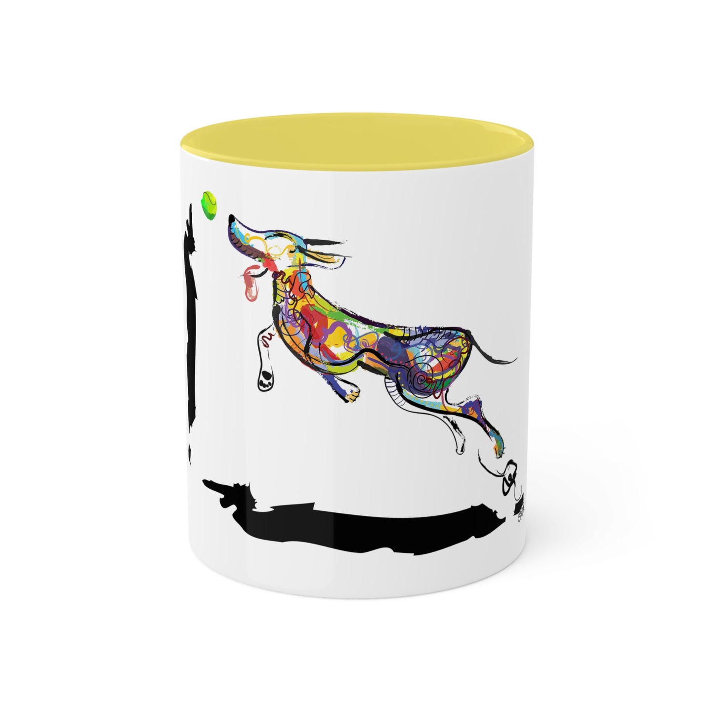 "Dog Playing With A Tennis Ball" on Colorful Mugs, 11oz