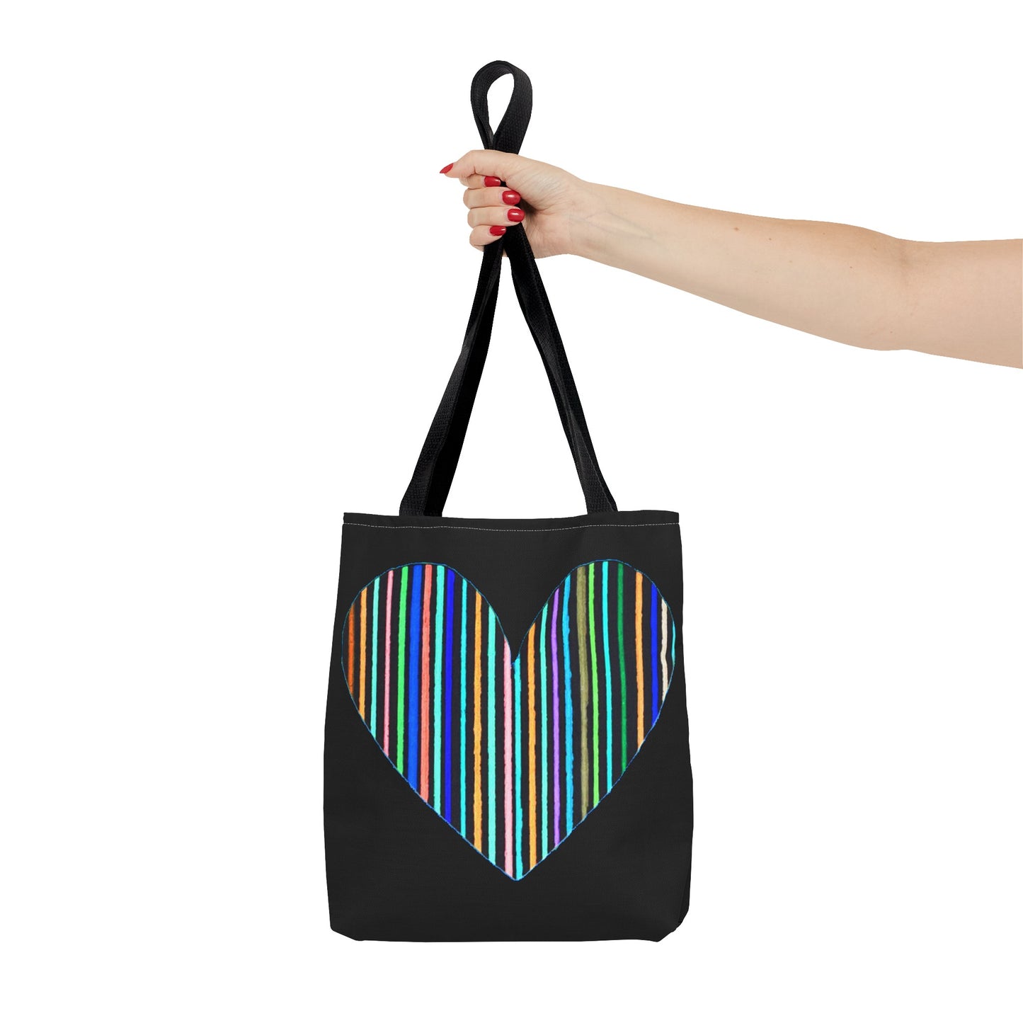 Rainbow Line Handdrawn Heart Drawing - INVERTED DIGITALLY - on a Black Tote Bag