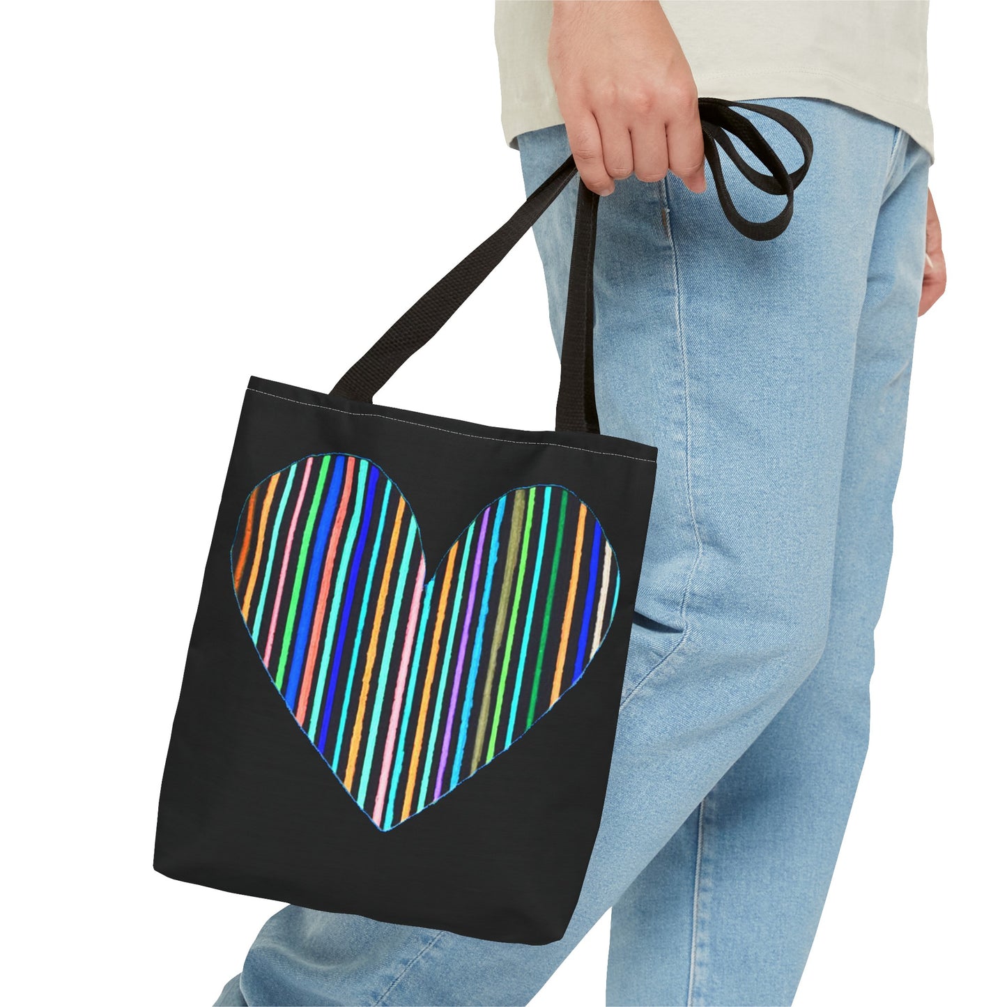 Rainbow Line Handdrawn Heart Drawing - INVERTED DIGITALLY - on a Black Tote Bag