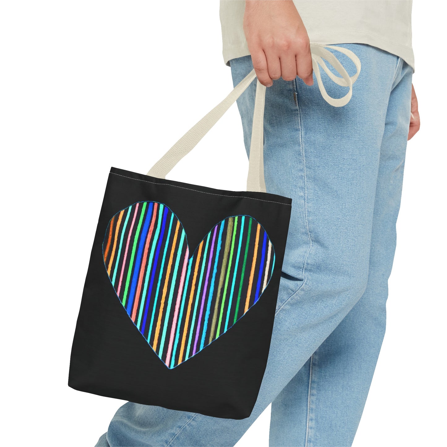 Rainbow Line Handdrawn Heart Drawing - INVERTED DIGITALLY - on a Black Tote Bag