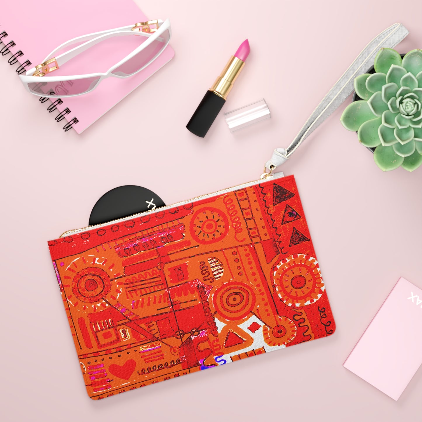 Clutch Bag Featuring Art Piece : Abstract Doodle ll - Version lV - Orange + Red + Purple Coloring - The Art Medium is Handdrawn Alcohol Marker Drawing