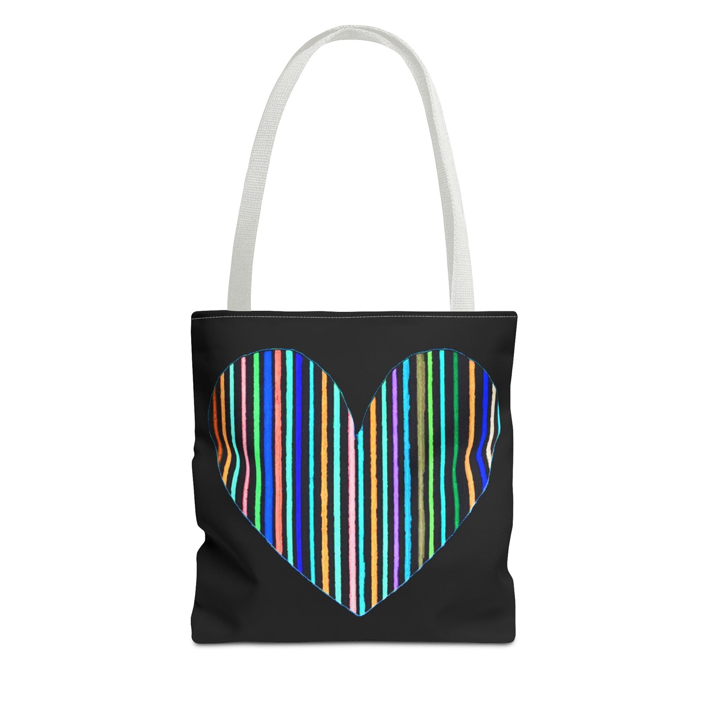 Rainbow Line Handdrawn Heart Drawing - INVERTED DIGITALLY - on a Black Tote Bag