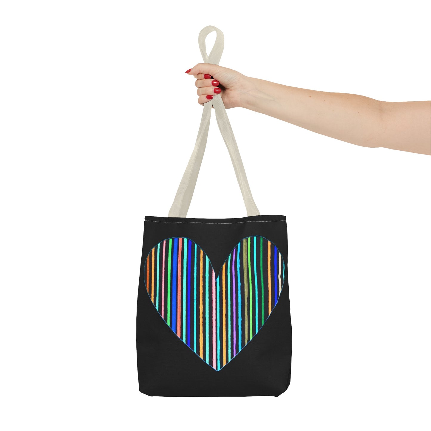 Rainbow Line Handdrawn Heart Drawing - INVERTED DIGITALLY - on a Black Tote Bag