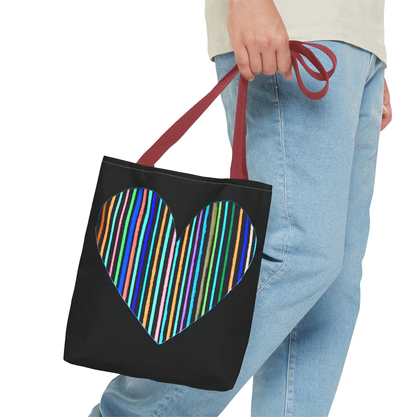 Rainbow Line Handdrawn Heart Drawing - INVERTED DIGITALLY - on a Black Tote Bag