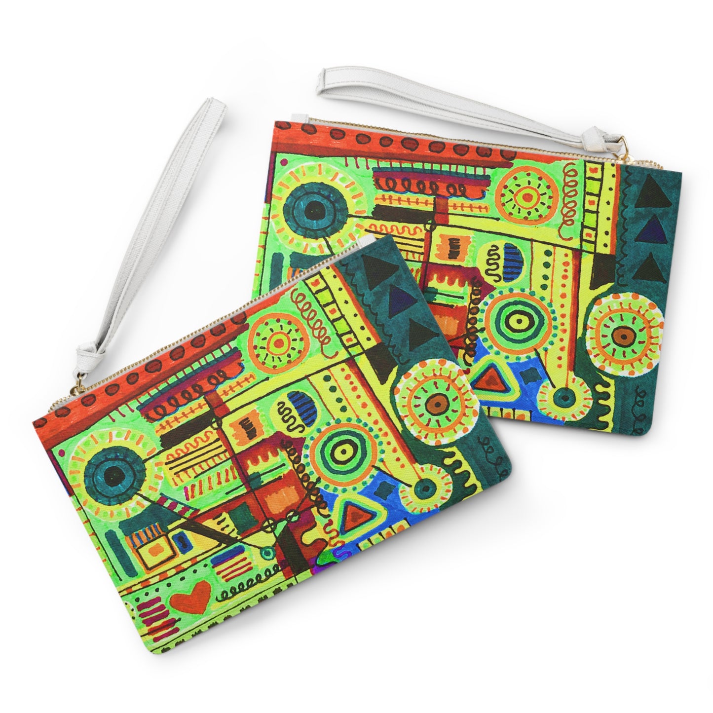 Clutch Bag Featuring Art Piece : Abstract Doodle ll - Version l - Originally Drawn Coloring - Yellow - Green - Orange - Blue Hues - The Art Medium is Handdrawn Alcohol Marker Drawing