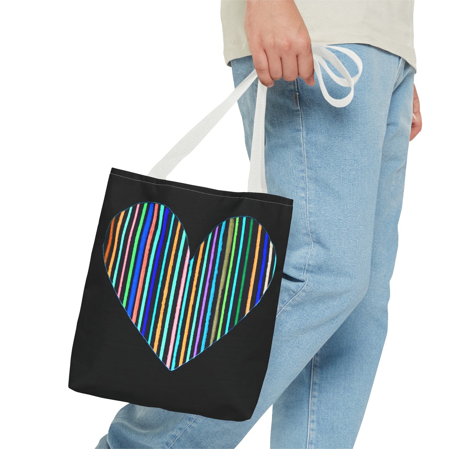 Rainbow Line Handdrawn Heart Drawing - INVERTED DIGITALLY - on a Black Tote Bag