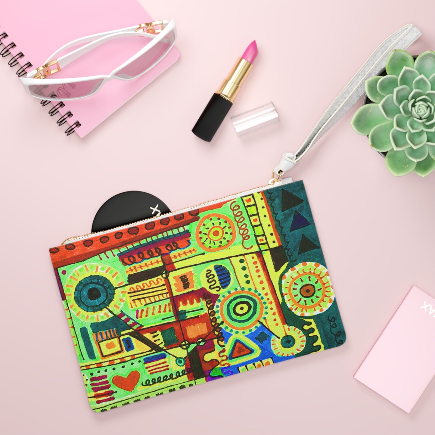 Clutch Bag Featuring Art Piece : Abstract Doodle ll - Version l - Originally Drawn Coloring - Yellow - Green - Orange - Blue Hues - The Art Medium is Handdrawn Alcohol Marker Drawing