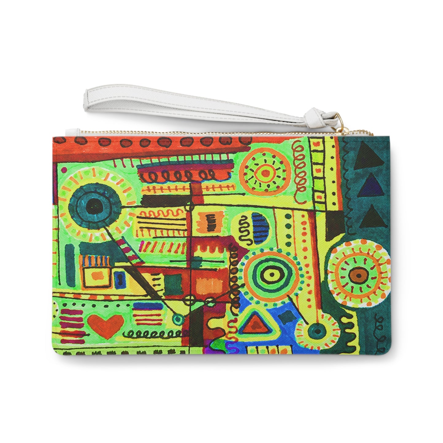 Clutch Bag Featuring Art Piece : Abstract Doodle ll - Version l - Originally Drawn Coloring - Yellow - Green - Orange - Blue Hues - The Art Medium is Handdrawn Alcohol Marker Drawing