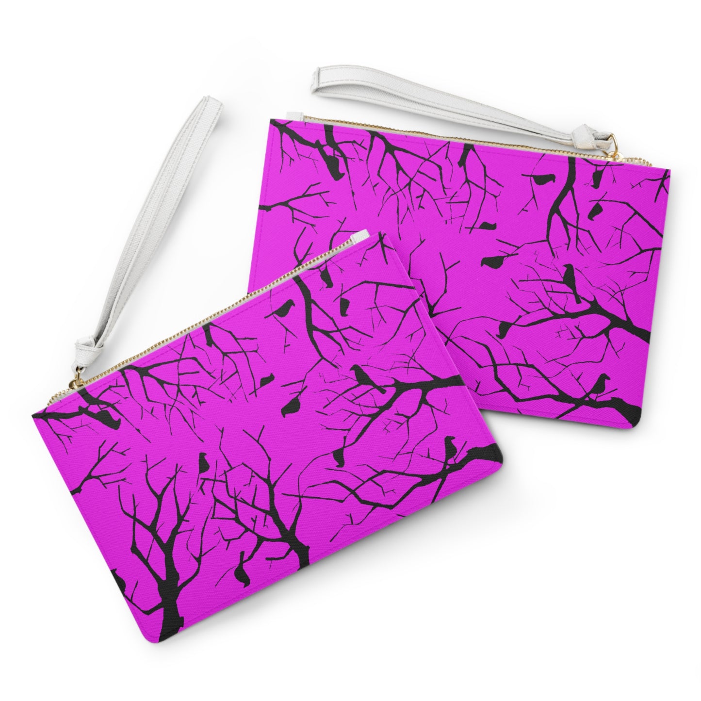 Birds in Trees Art Piece With A Hot Pink Background on The Perfect Clutch Bag