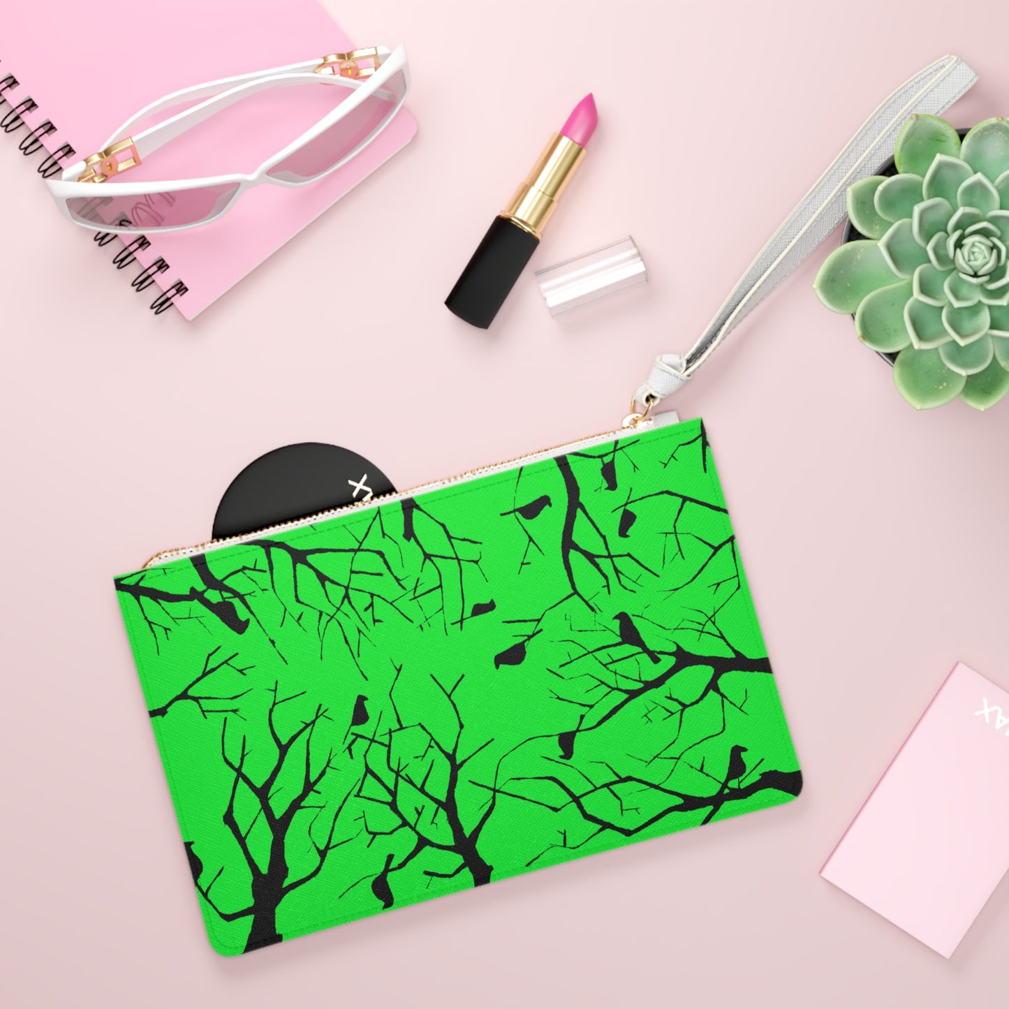 Birds in Trees Art on an Adorable Clutch Bag with a Green Background on The Front + Hot Pink Background on The Reverse Side