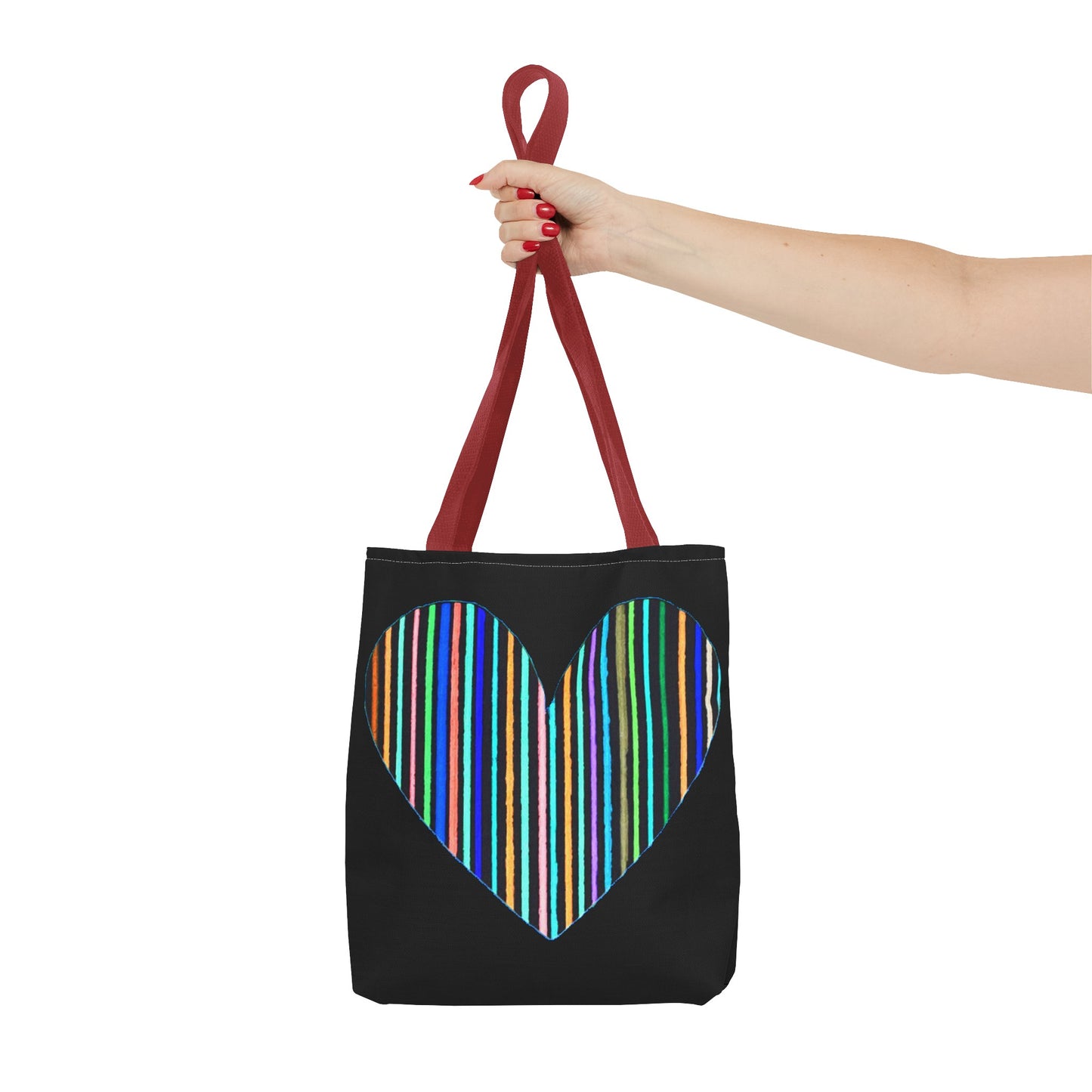 Rainbow Line Handdrawn Heart Drawing - INVERTED DIGITALLY - on a Black Tote Bag