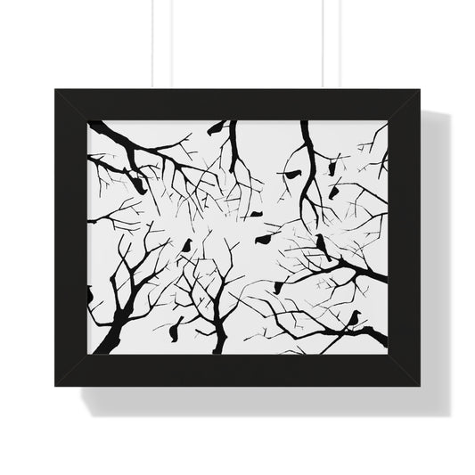 Birds in Trees on White Background Color in Framed Horizontal Poster