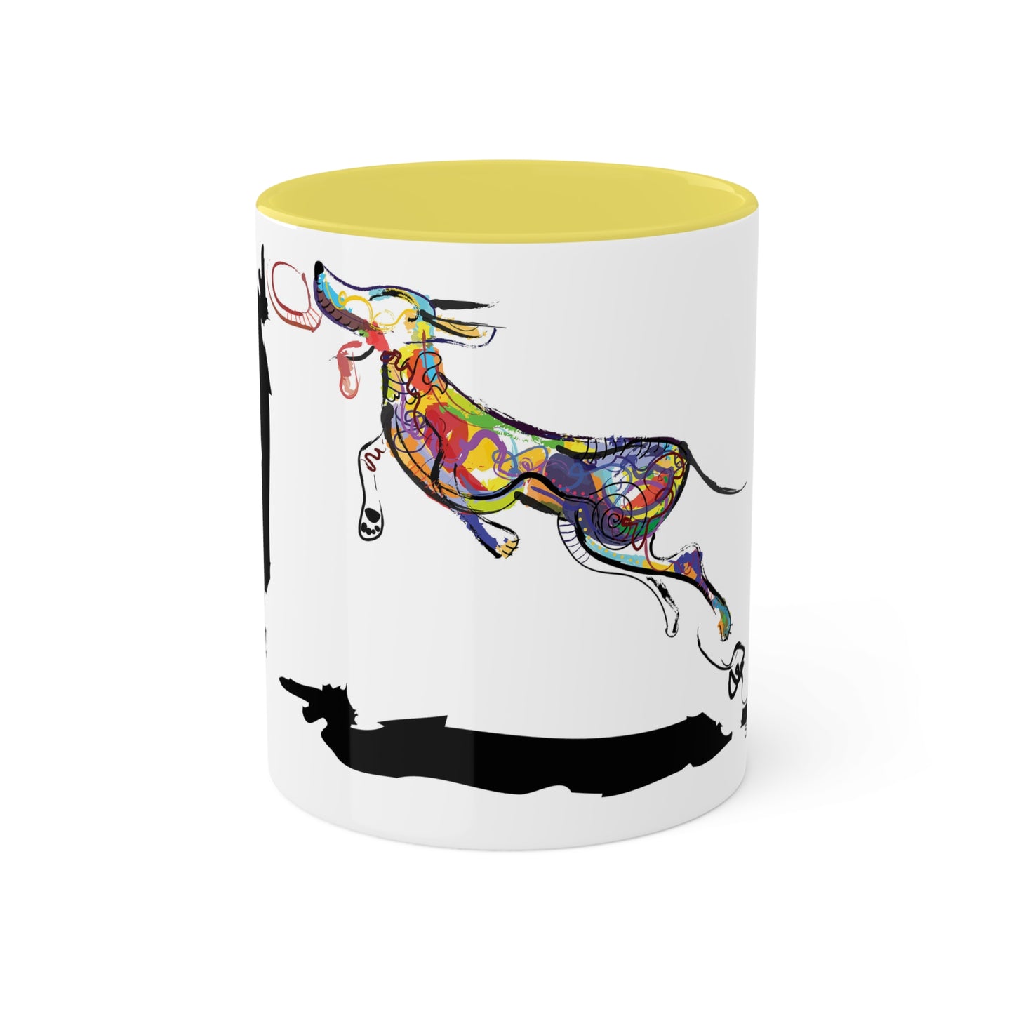 Dog and Frisbee on Colorful Mugs, 11oz