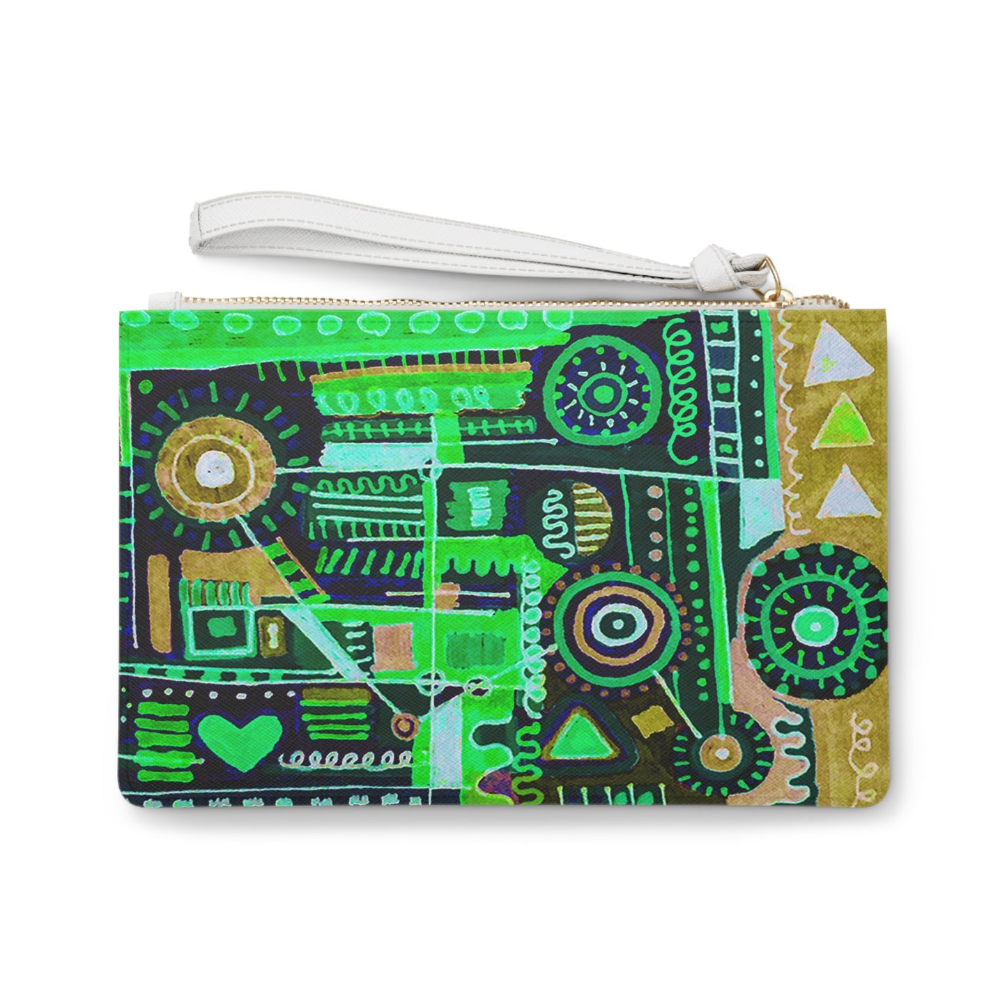 Clutch Bag Featuring Art Piece : Abstract Doodle ll - Version Vlll - Very Dark Green + Black + Blue Hues - Art Medium is Alcohol Marker Drawing