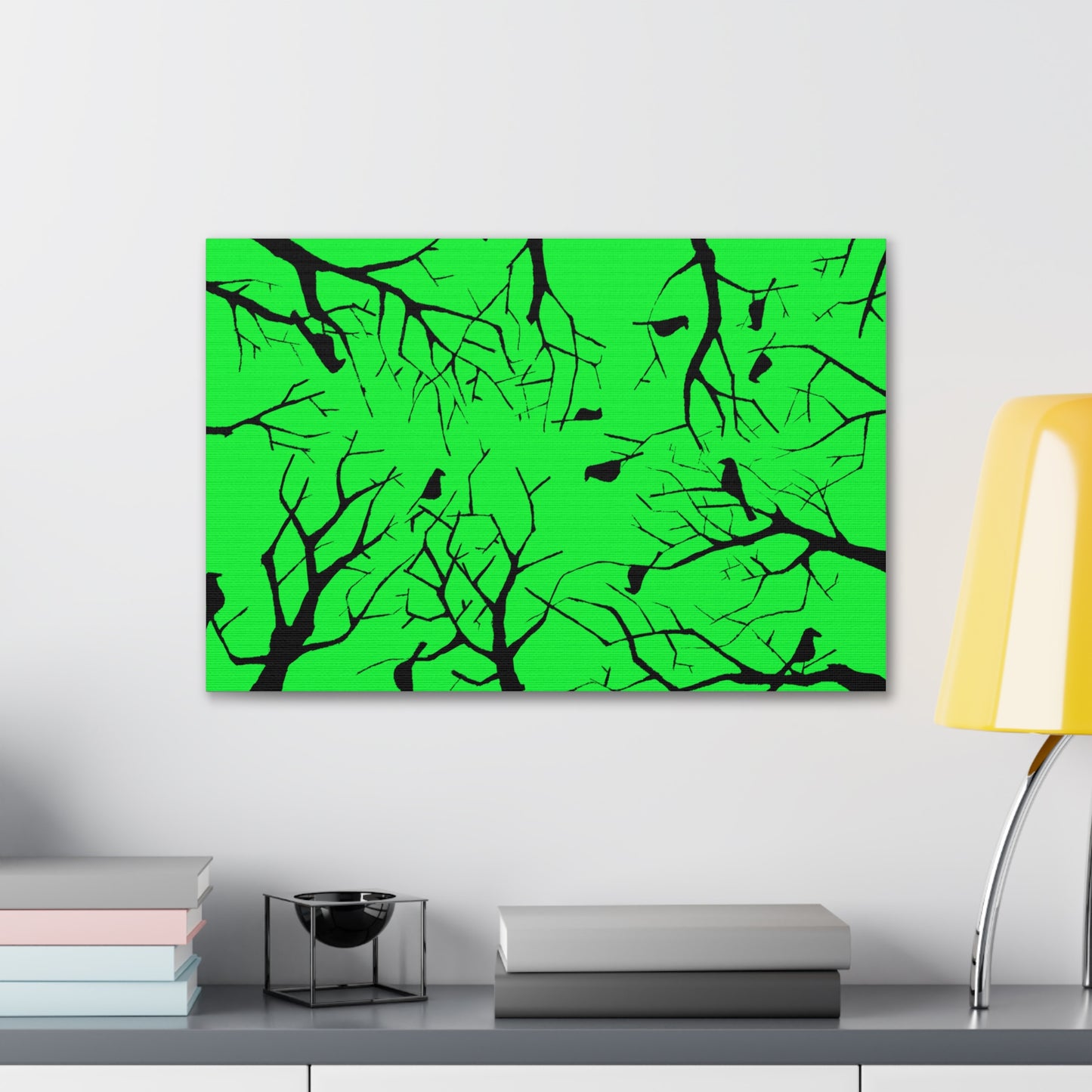 Birds in Trees with Bright Green Background on Canvas Gallery Wraps