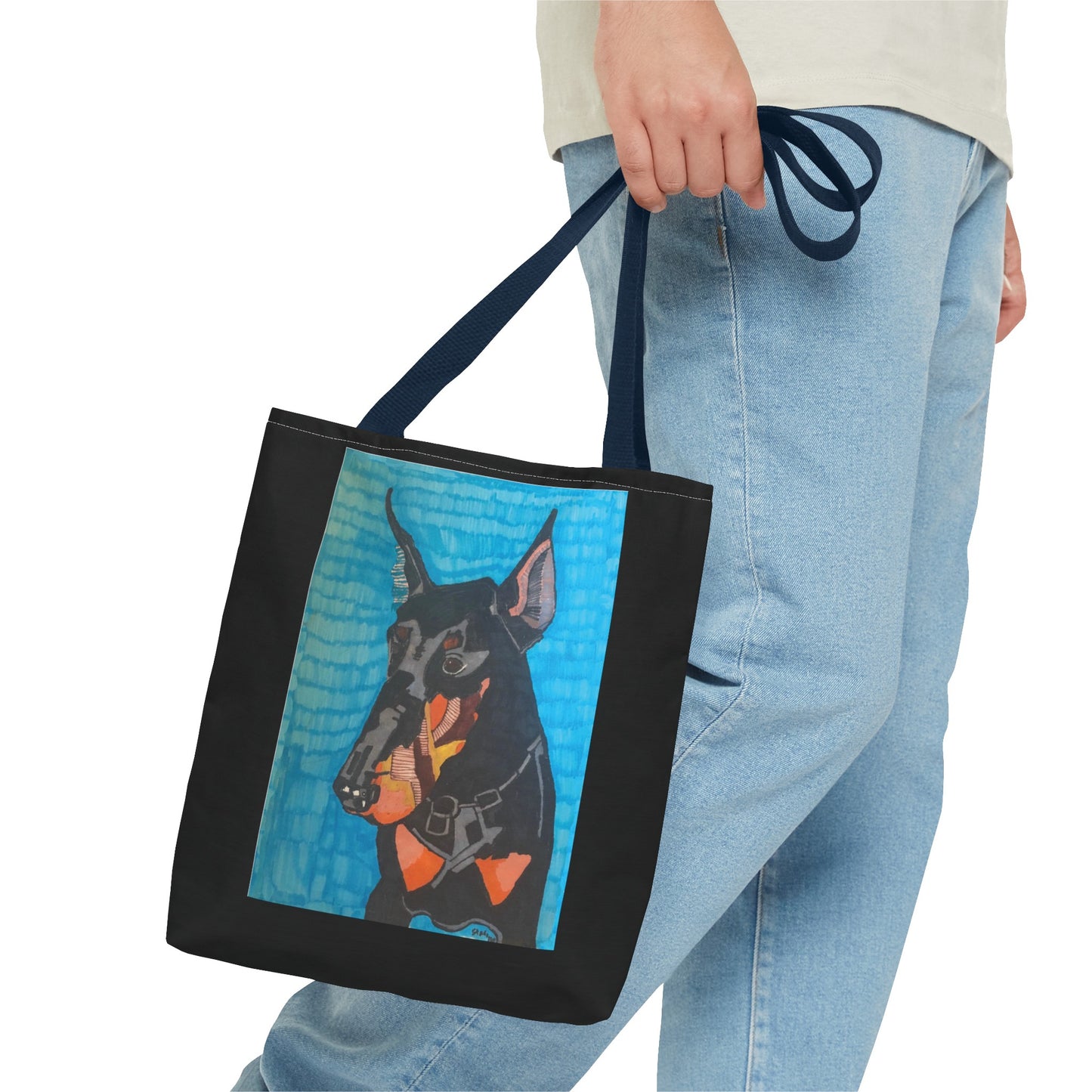 Mojo the Doberman Dog Pet Portrait on a Black Tote Bag