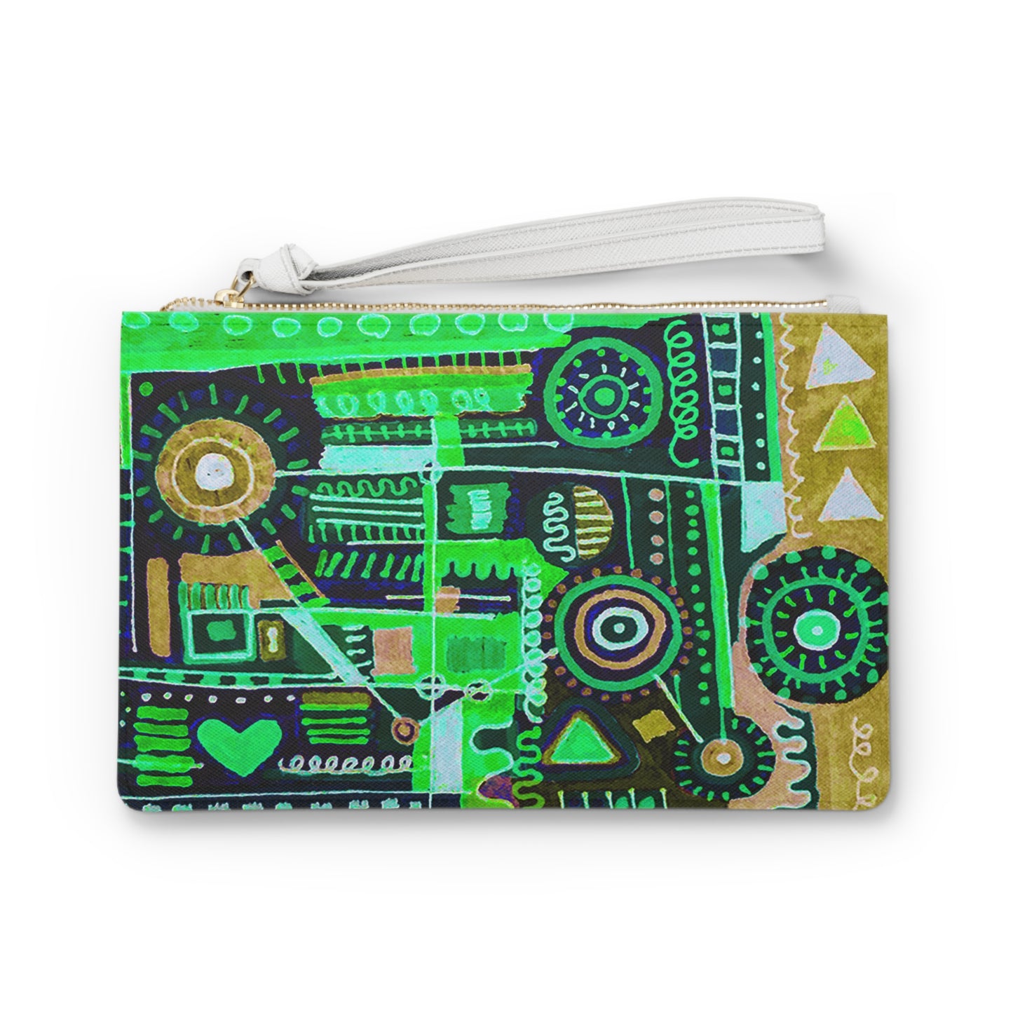 Clutch Bag Featuring Art Piece : Abstract Doodle ll - Version Vlll - Very Dark Green + Black + Blue Hues - Art Medium is Alcohol Marker Drawing