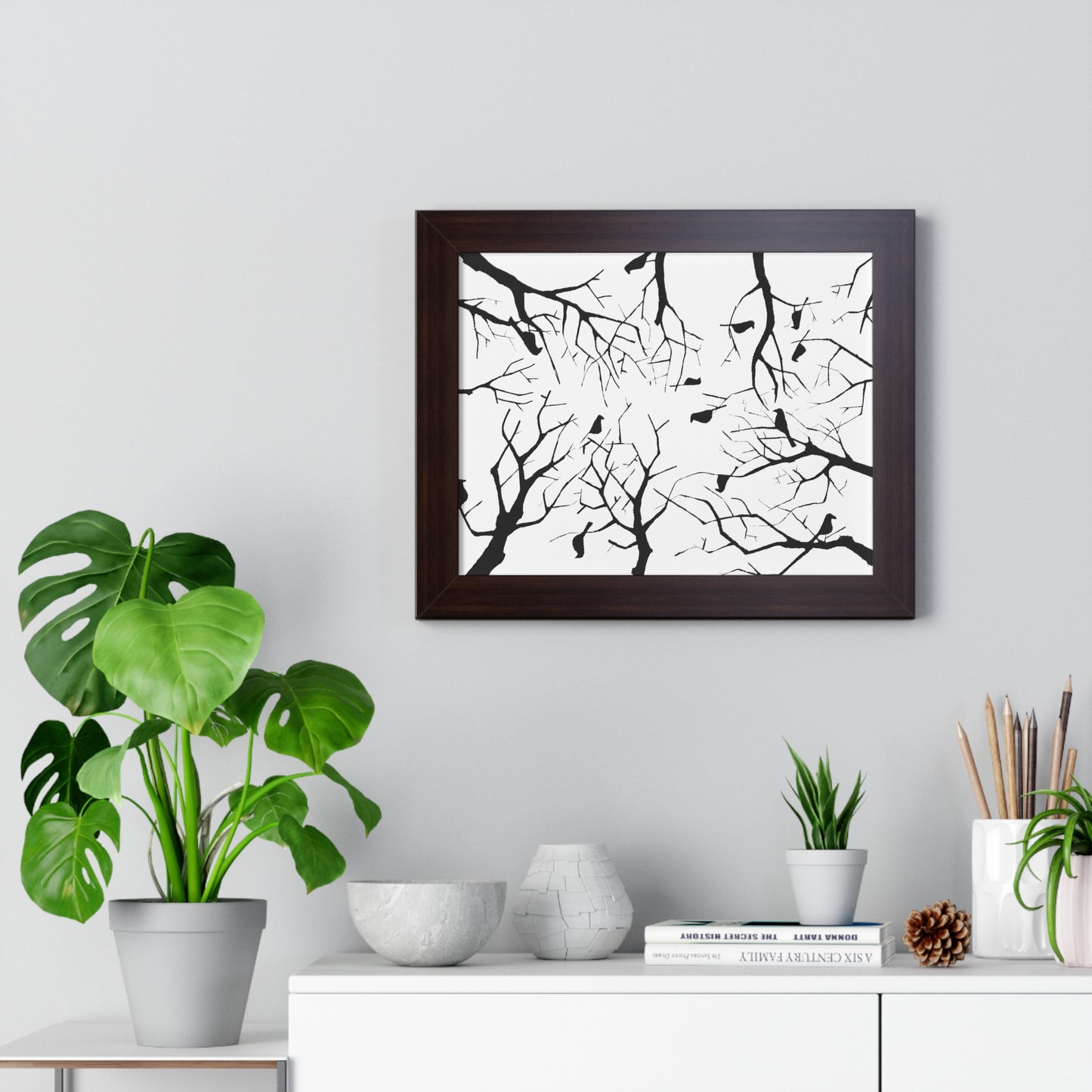 Birds in Trees on White Background Color in Framed Horizontal Poster