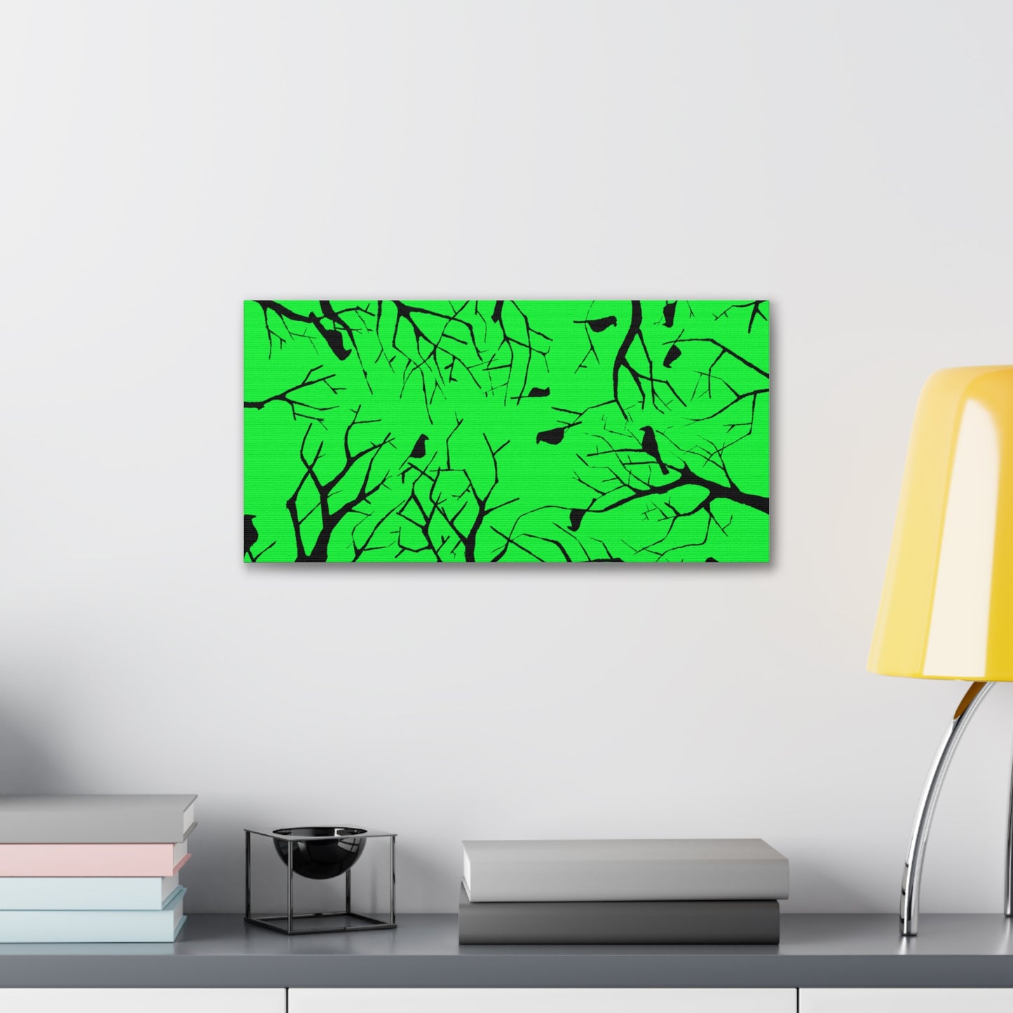 Birds in Trees with Bright Green Background on Canvas Gallery Wraps