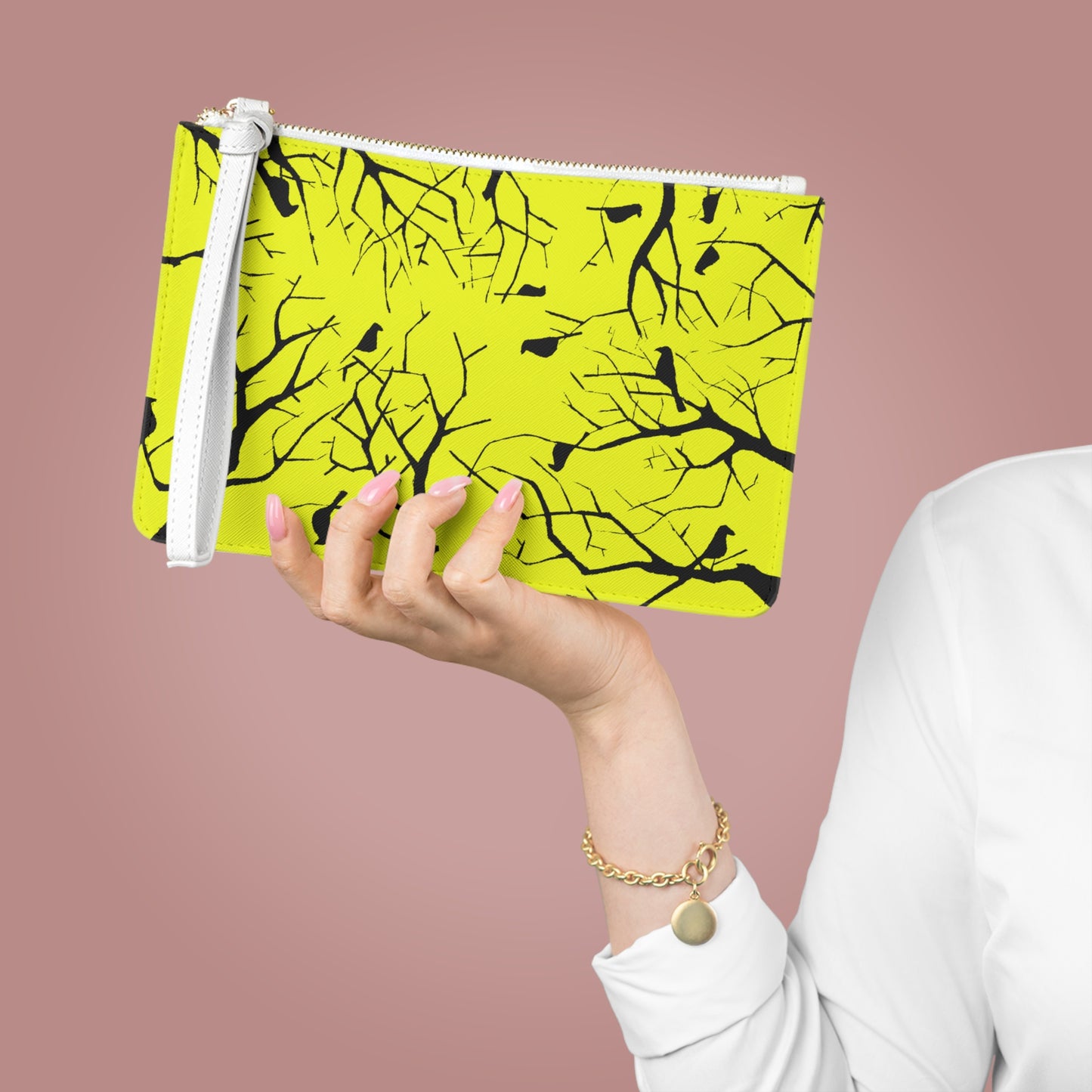 Birds in Trees Art Piece with a Mustard Toned Yellow Background on An Adorable Clutch Bag