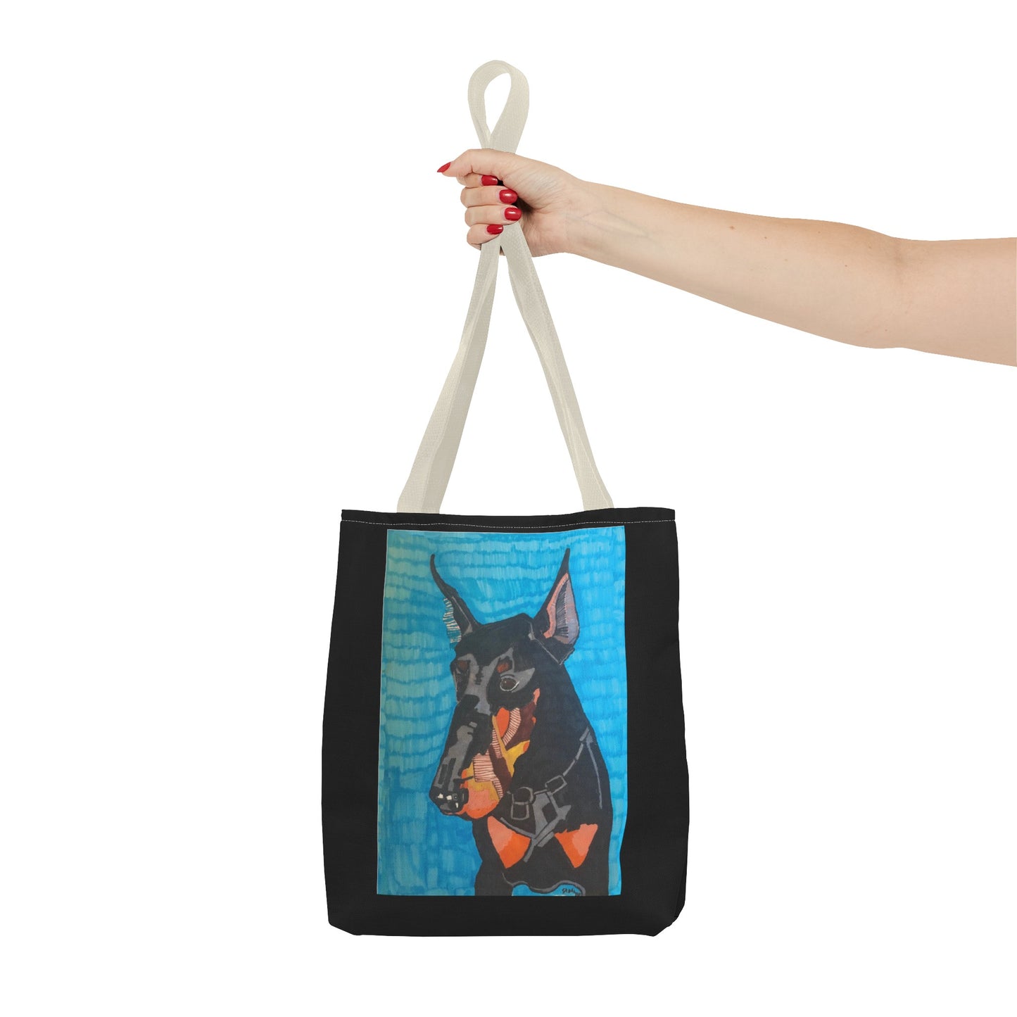 Mojo the Doberman Dog Pet Portrait on a Black Tote Bag