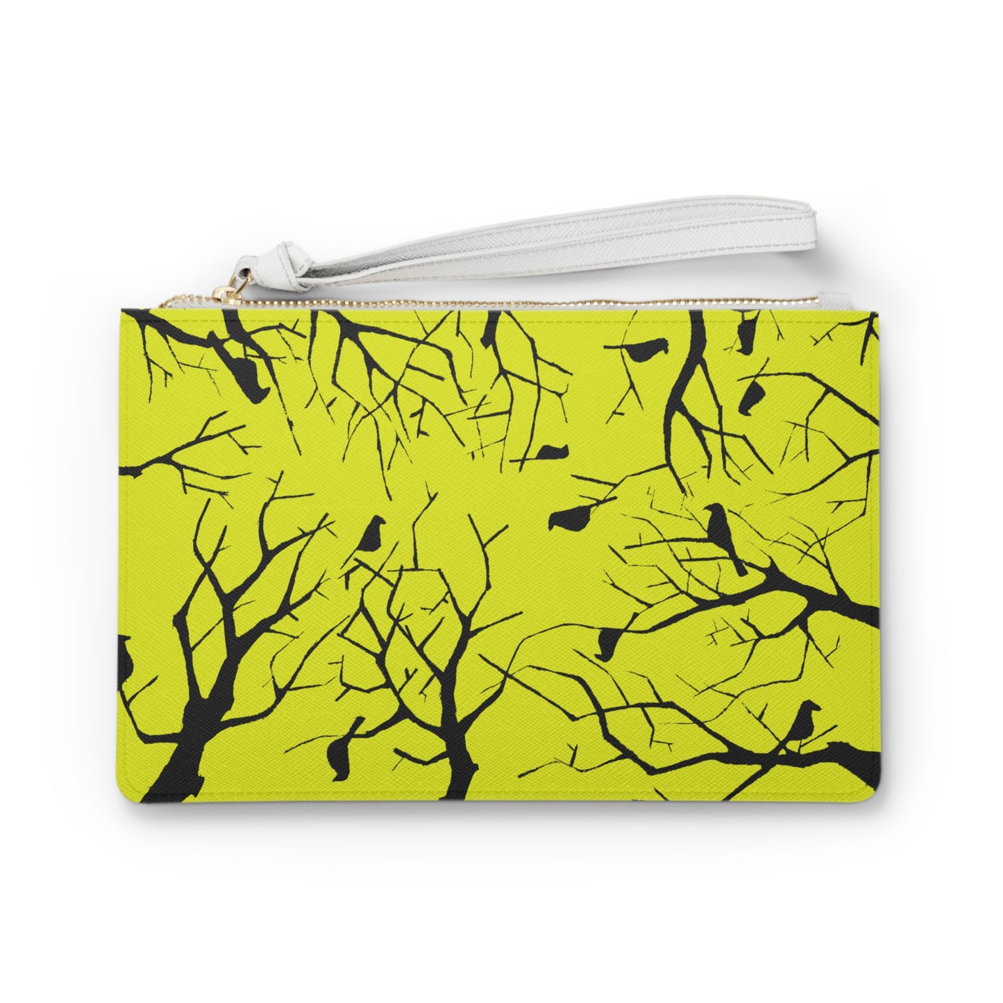 Birds in Trees Art Piece with a Mustard Toned Yellow Background on An Adorable Clutch Bag