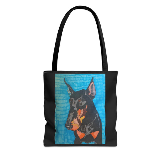 Mojo the Doberman Dog Pet Portrait on a Black Tote Bag