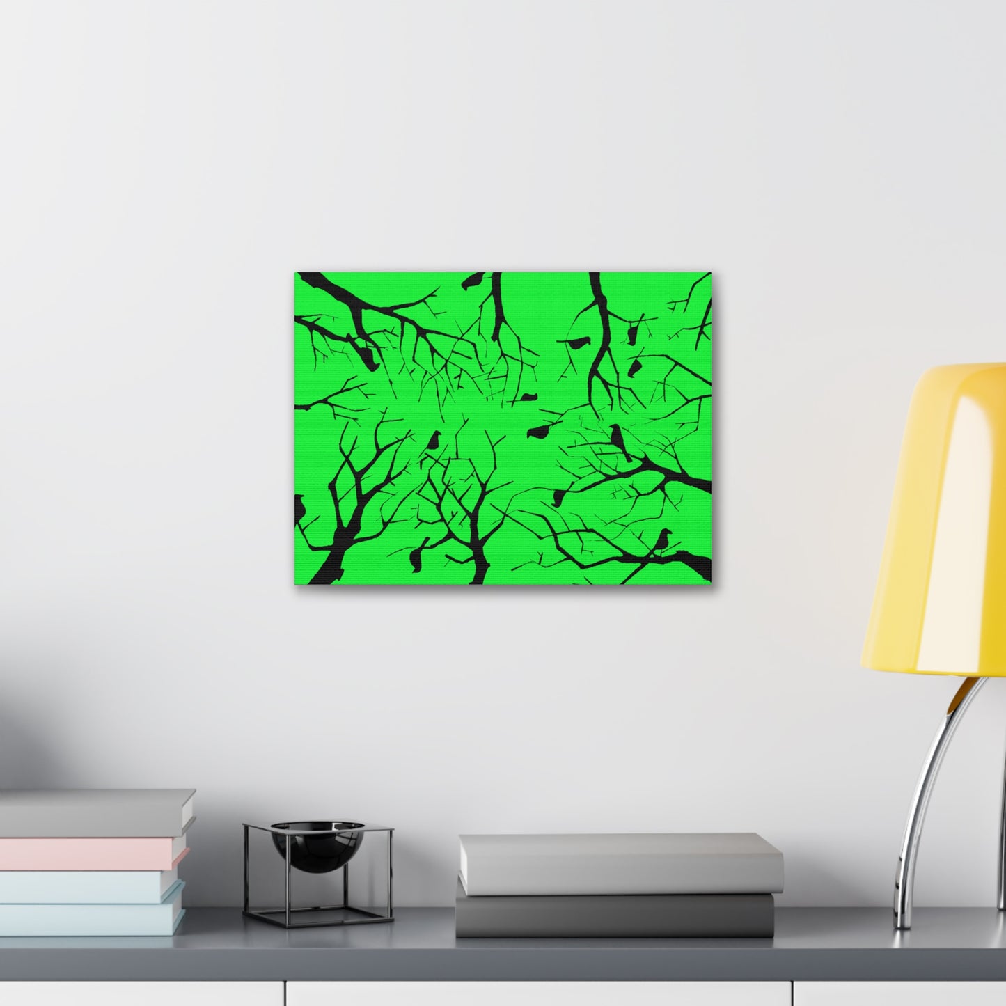 Birds in Trees with Bright Green Background on Canvas Gallery Wraps