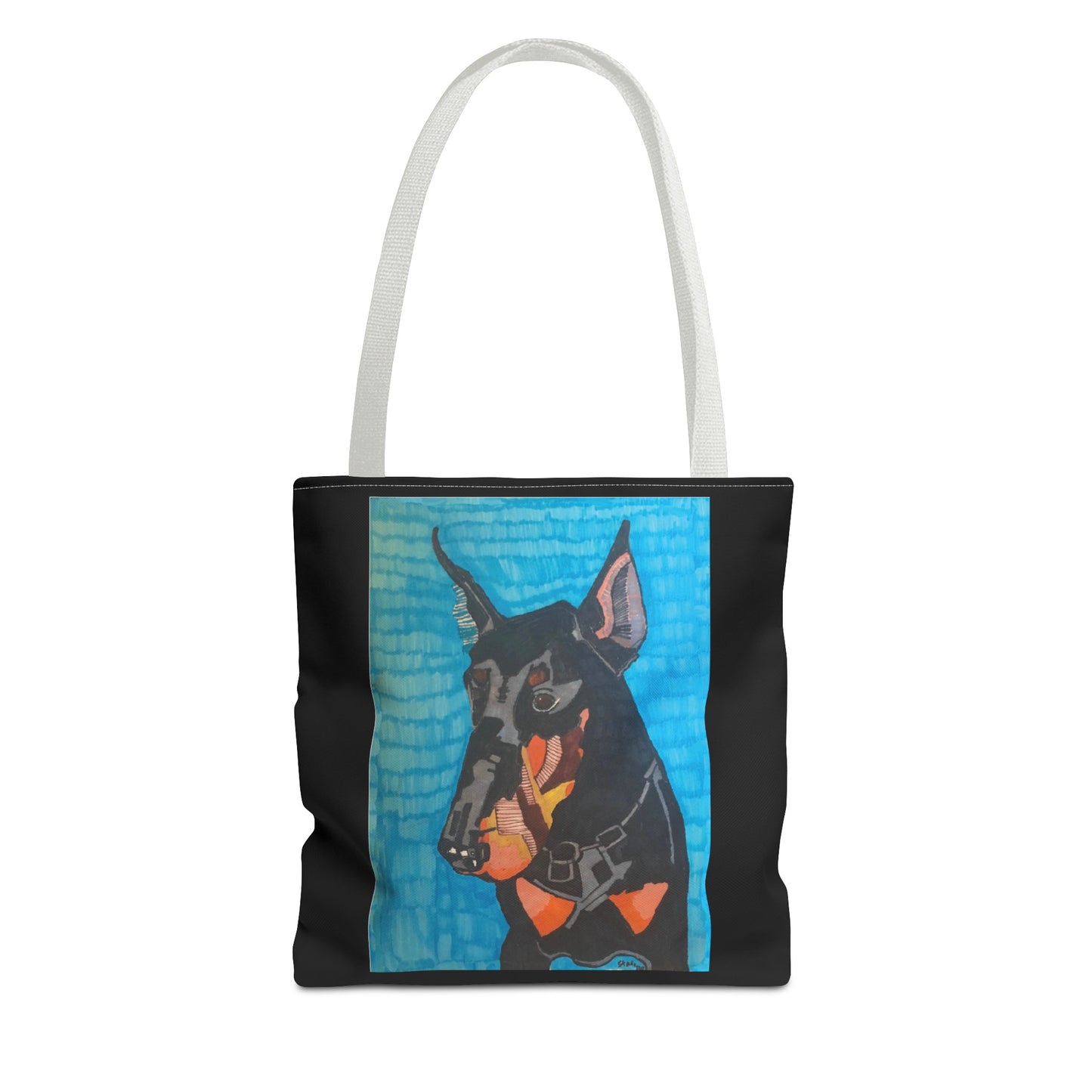 Mojo the Doberman Dog Pet Portrait on a Black Tote Bag