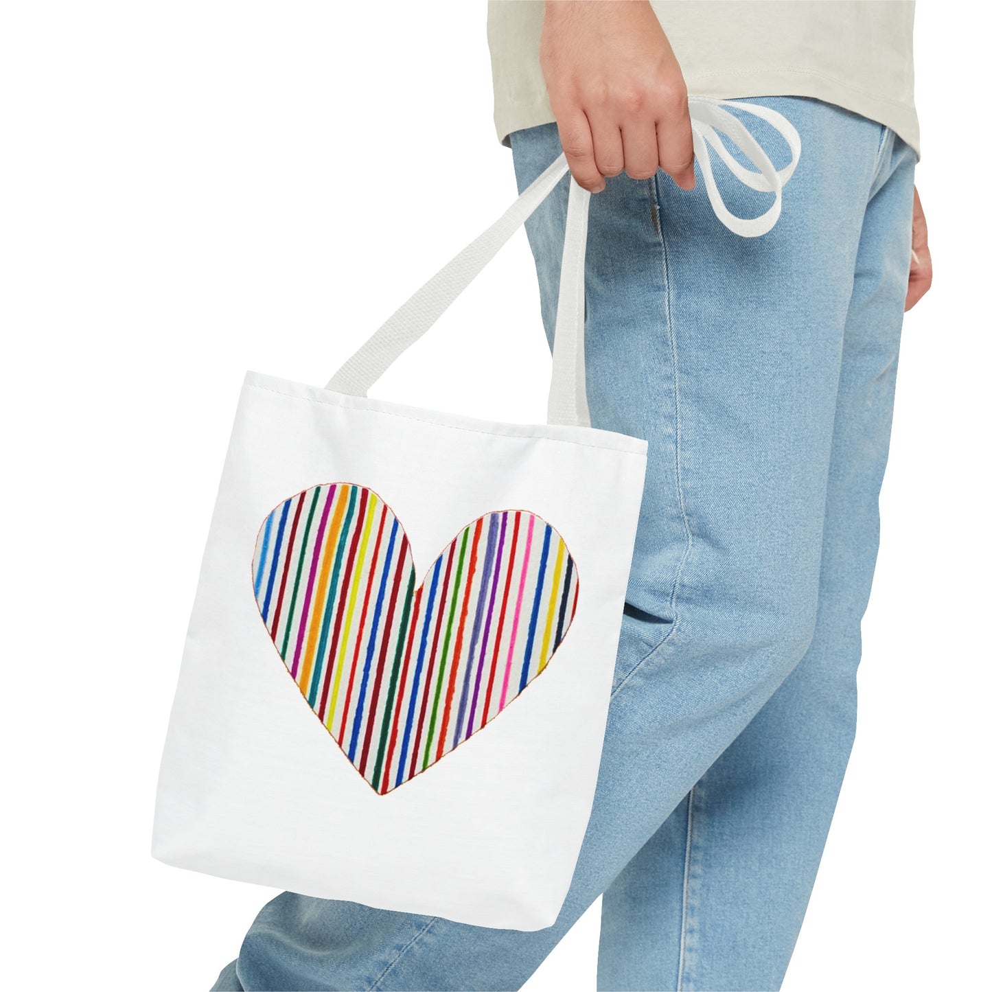 Handdrawn Heart Drawn Out of Straight Rainbow Lines on a Tote Bag