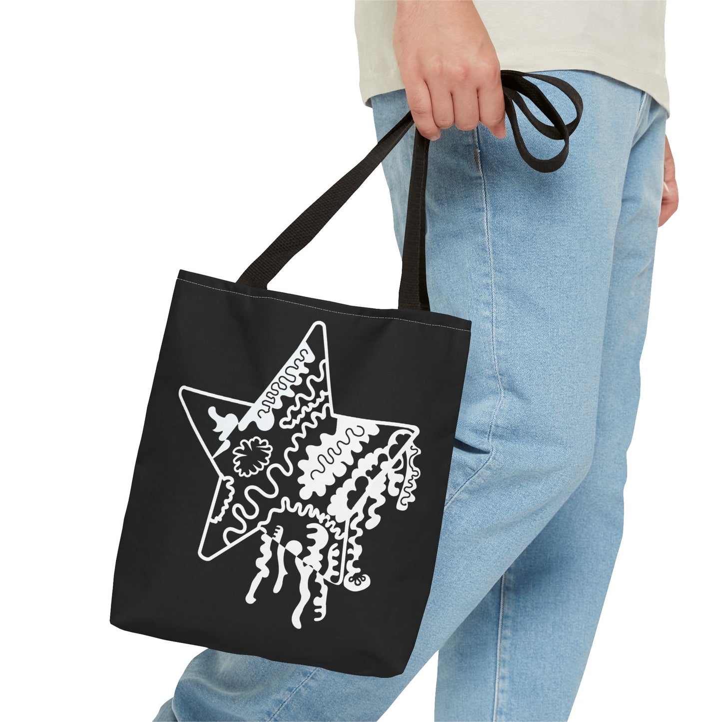 Star Makes Art Signature Logo in Black + White on a Tote Bag - Front and Back Features a White Logo on a Black Background