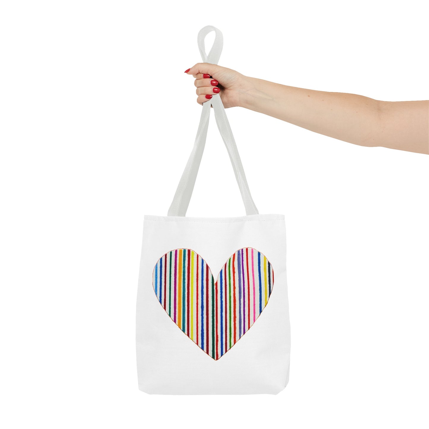 Handdrawn Heart Drawn Out of Straight Rainbow Lines on a Tote Bag