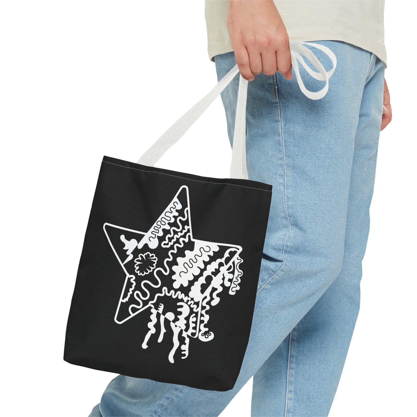 Star Makes Art Signature Logo in Black + White on a Tote Bag - Front and Back Features a White Logo on a Black Background