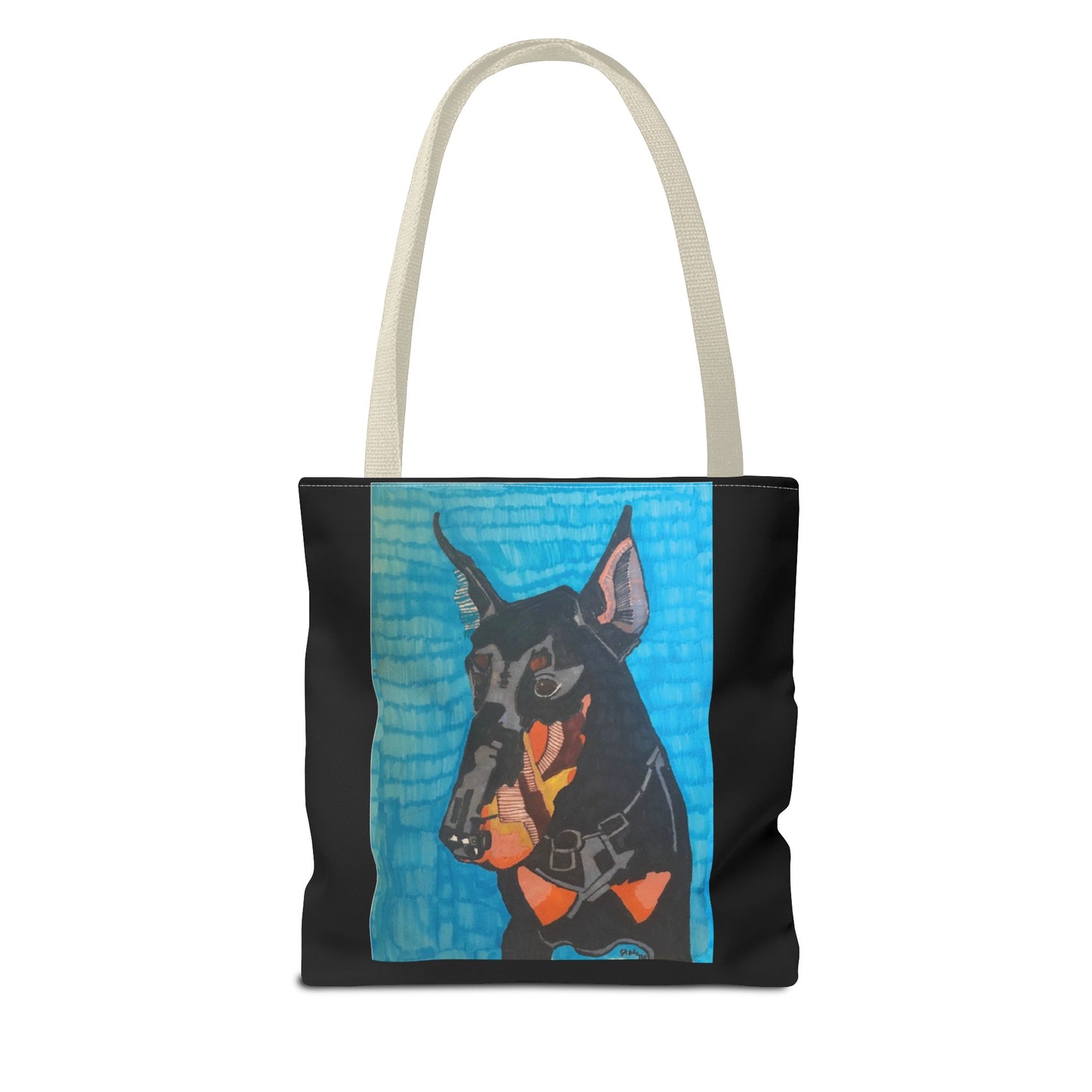 Mojo the Doberman Dog Pet Portrait on a Black Tote Bag