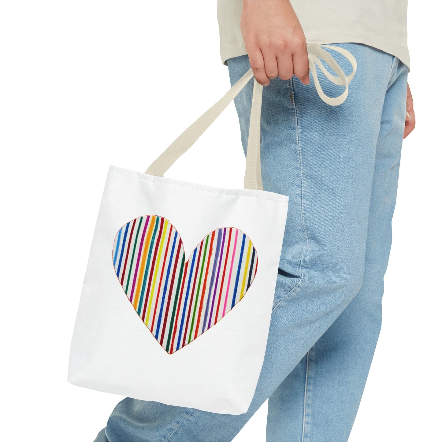 Handdrawn Heart Drawn Out of Straight Rainbow Lines on a Tote Bag