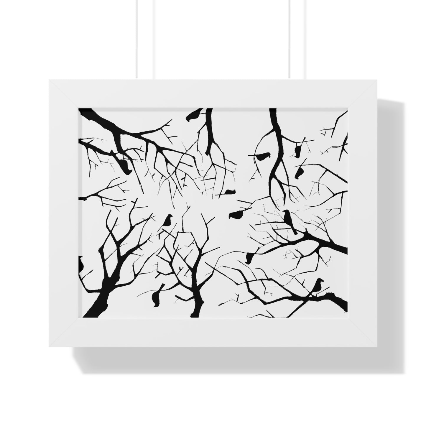 Birds in Trees on White Background Color in Framed Horizontal Poster