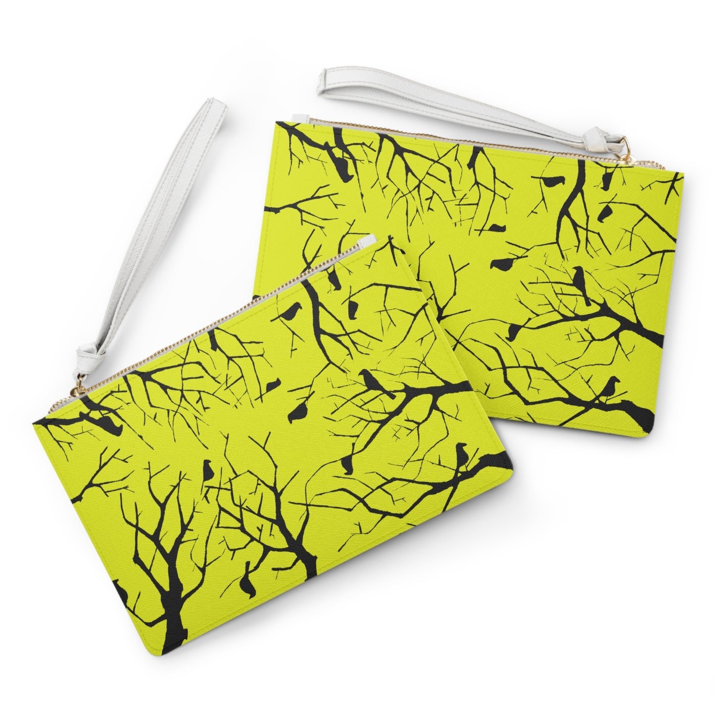 Birds in Trees Art Piece with a Mustard Toned Yellow Background on An Adorable Clutch Bag