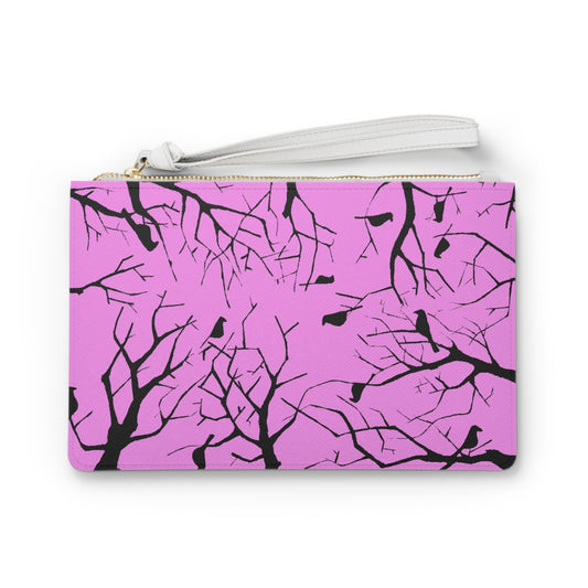 Birds in Trees with a Cool Toned Pink Background on an Adorable Clutch Bag